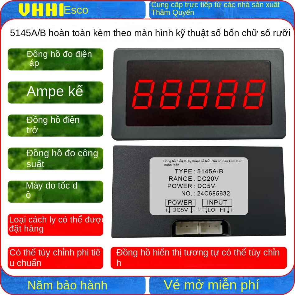 Đồng hồ số 4½ VHHD 5145A/B – Loại vỏ kín hoàn toàn, hiển thị điện áp, dòng điện, điện trở, công suất, tốc độ, có thể đặt loại cách ly - Số 8 5145A/B DC2mA (0-1.9999) Nguồn điện DC5V không cách ly