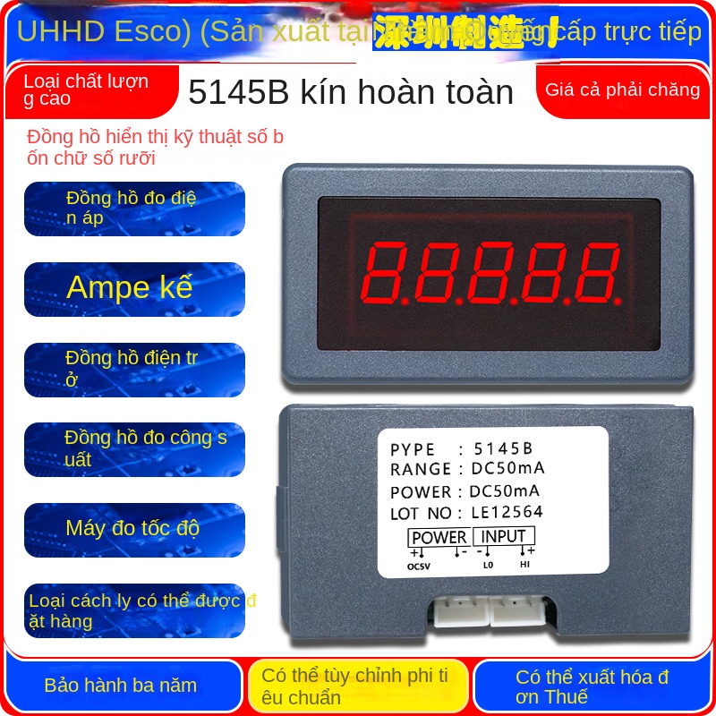 Đồng hồ số 4½ VHHD 5145B – Loại vỏ kín hoàn toàn, hiển thị điện áp, dòng điện, điện trở, công suất, tốc độ, có thể đặt loại cách ly – 5145B đo điện áp DC2V (0–1.9999), dùng chung cho 2V/1V/500mV, nguồn DC5V.