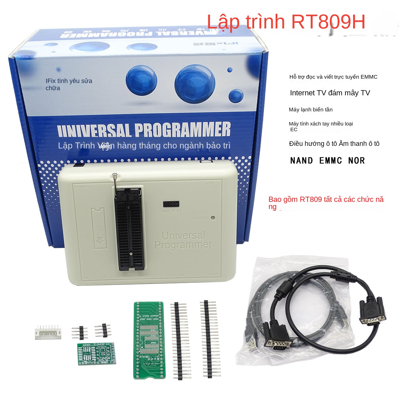 Máy nạp ROM RT809H – Hỗ trợ NAND/EMMC, đọc ghi tốc độ cao, dùng cho ô tô, TV, điện thoại, thiết bị thông minh, hỗ trợ nạp trực tuyến - RT809H + 35 phụ kiện – Bộ lập trình mở rộng đầy đủ phụ kiện