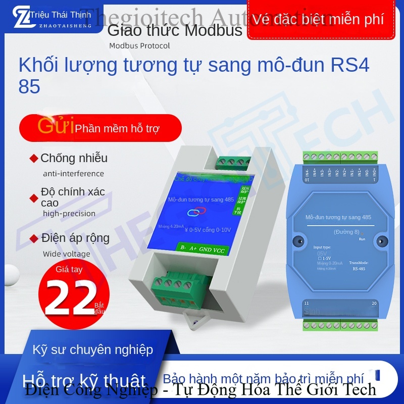 Module chuyển đổi tín hiệu Analog sang RS-485, hỗ trợ 4-20mA / 0-5V / 0-10V, điện áp & dòng điện, kèm cổng USB, giao thức Modbus - Module chuyển đổi RS-485 sang tín hiệu Analog, 2 kênh 0-5V