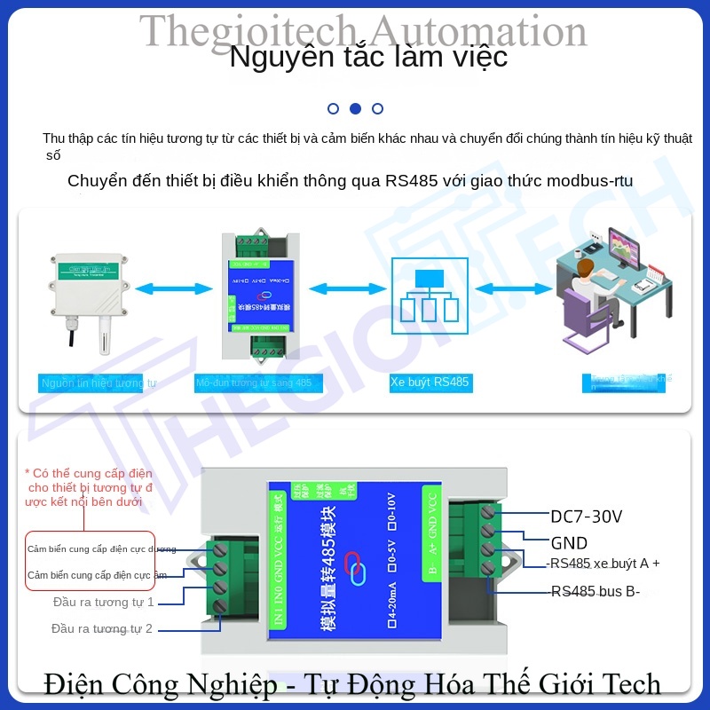 Module chuyển đổi tín hiệu Analog sang RS-485, hỗ trợ 4-20mA / 0-5V / 0-10V, điện áp & dòng điện, kèm cổng USB, giao thức Modbus - Module chuyển đổi tín hiệu Analog sang RS-485, 4 kênh 0-10V