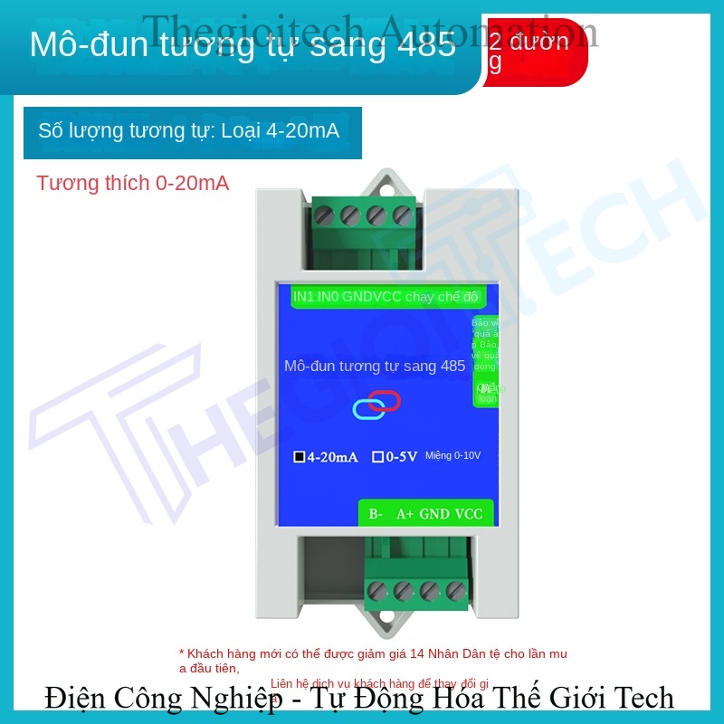 Module chuyển đổi tín hiệu Analog sang RS-485, hỗ trợ 4-20mA / 0-5V / 0-10V, điện áp & dòng điện, kèm cổng USB, giao thức Modbus - Vỏ gắn ray (nâng cấp miễn phí)
