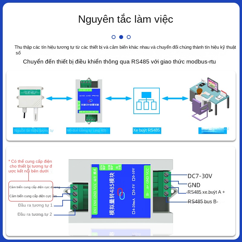 Module chuyển đổi tín hiệu analog sang 485, 4–20mA/0–5V/10V, USB, Modbus - Bộ chuyển đổi tín hiệu analog sang RS485, 8 kênh 0–10 V