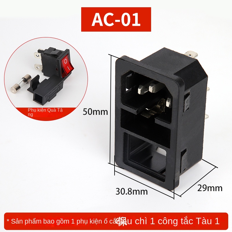 Ổ cắm AC-01/02/03 kiểu chữ T – 3 lỗ, có đèn, công tắc & cầu chì - Kèm công tắc kiểu thuyền