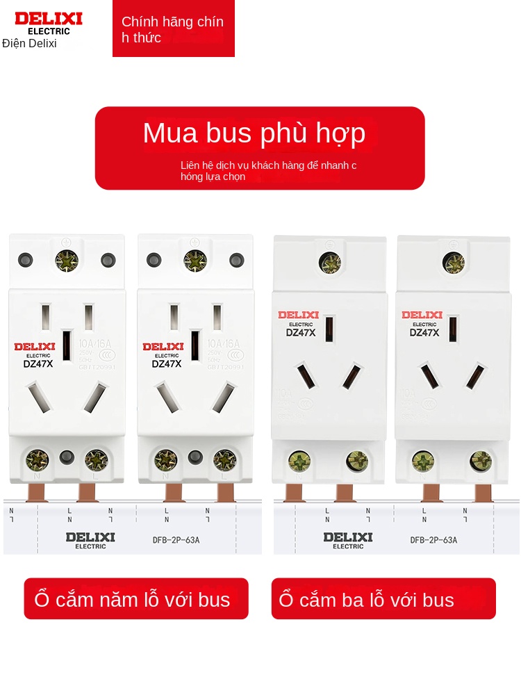 Ổ cắm mô-đun Delixi AC30, 10A/16A, 2–5 lỗ, lắp thanh ray DZ47X - Dòng ba pha bốn dây, 25 A