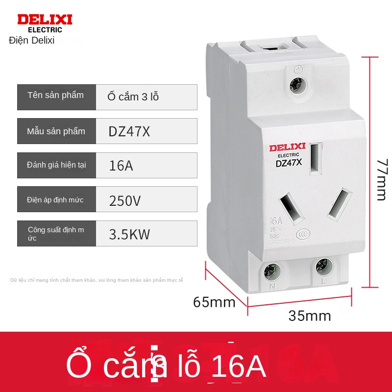 Ổ cắm mô-đun Delixi AC30, 10A/16A, 2–5 lỗ, lắp thanh ray DZ47X - Hộp 5 mạch (đã đấu dây) + CB chống rò 2P 63 A + ổ 5 chấu 16 A