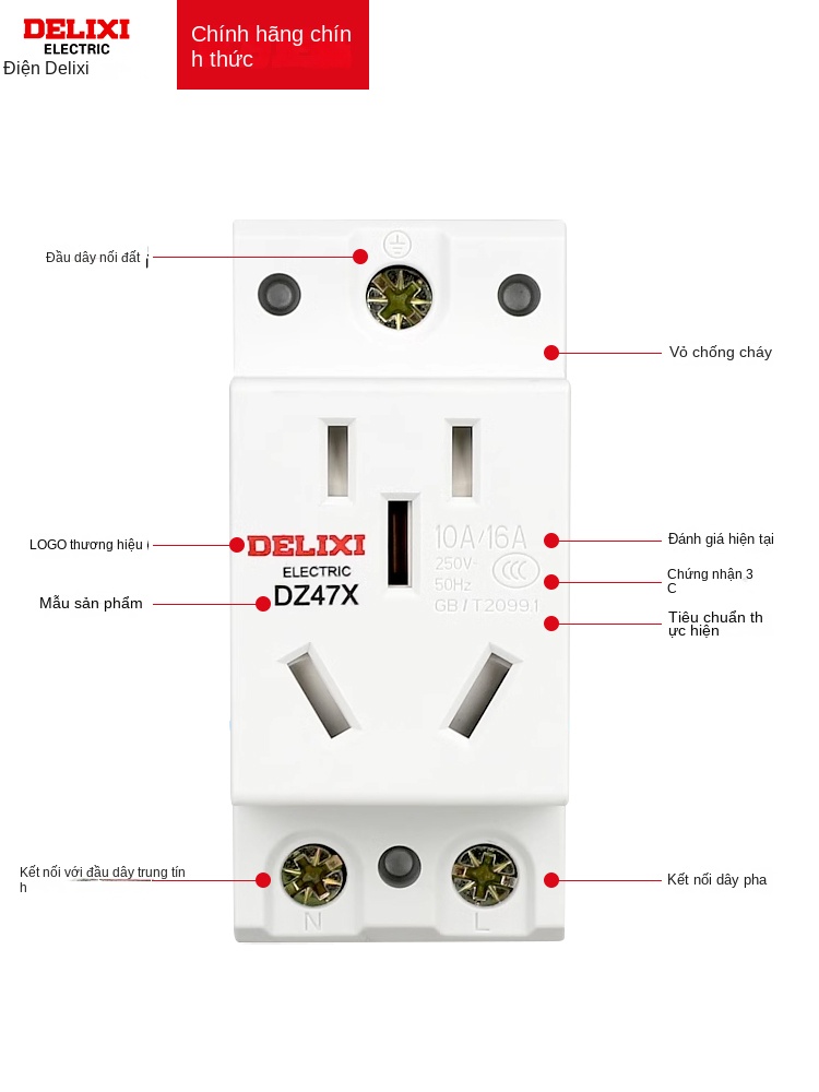 Ổ cắm mô-đun Delixi AC30, 10A/16A, 2–5 lỗ, lắp thanh ray DZ47X - Phích cắm 3 cấp, 10 A