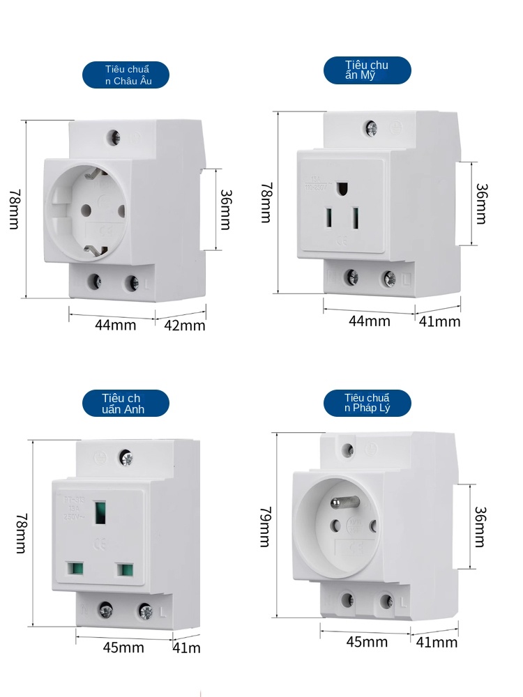 Ổ cắm ray DIN chuẩn EU AC30 – 10A/16A, modun xuất khẩu EU/UK/FR - Tiêu chuẩn Anh
