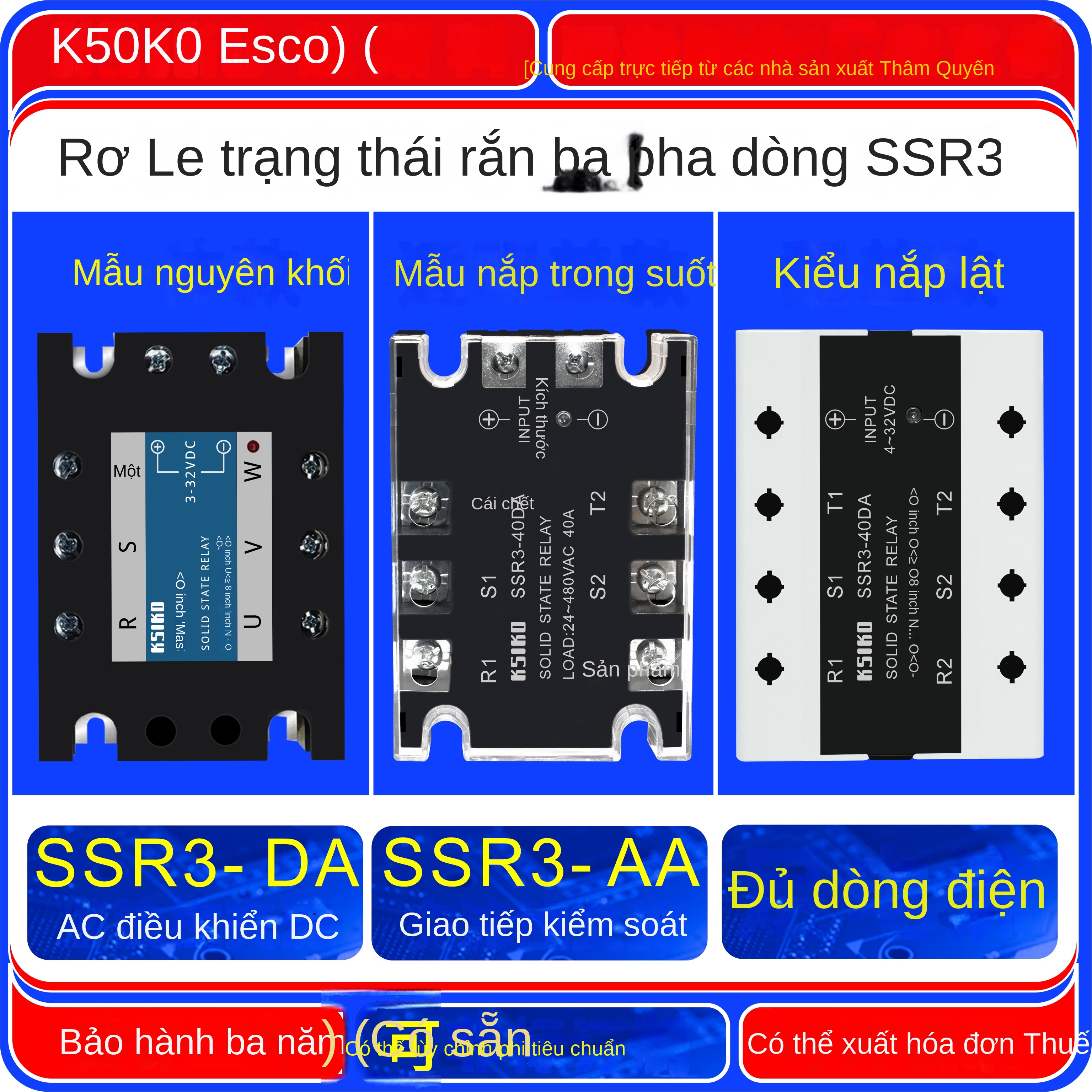 Rơ le bán dẫn 3 pha SSR3-05/10/25/30/40/60/80/100, loại DA/AA, chịu dòng lớn, bảo hành 3 năm – SSR3-05DA 3-32V 5A - Nắp lật