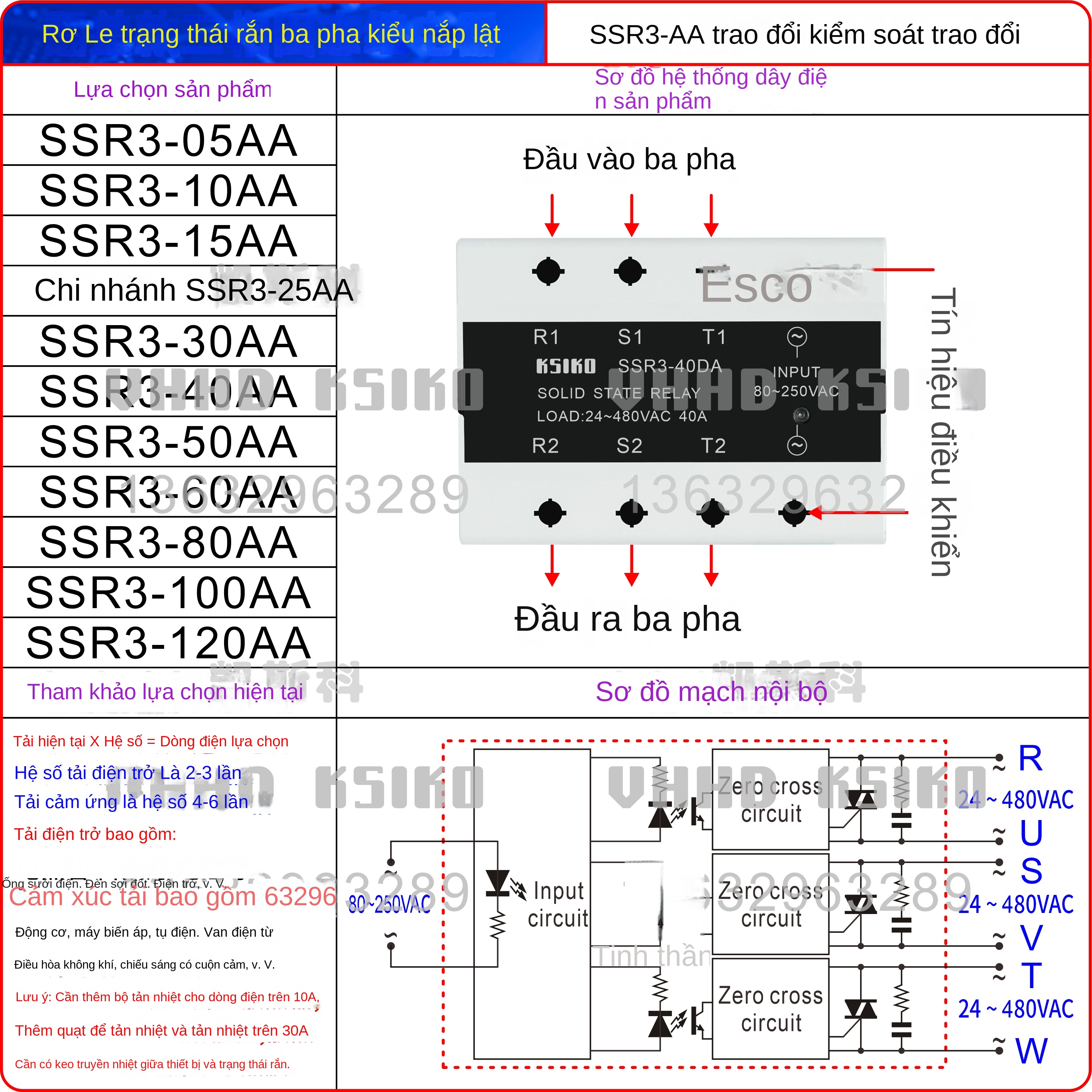 Rơ le bán dẫn 3 pha SSR3-05/10/25/30/40/60/80/100, loại DA/AA, chịu dòng lớn, bảo hành 3 năm – SSR3-60DA3-32V 60A - Nắp lật