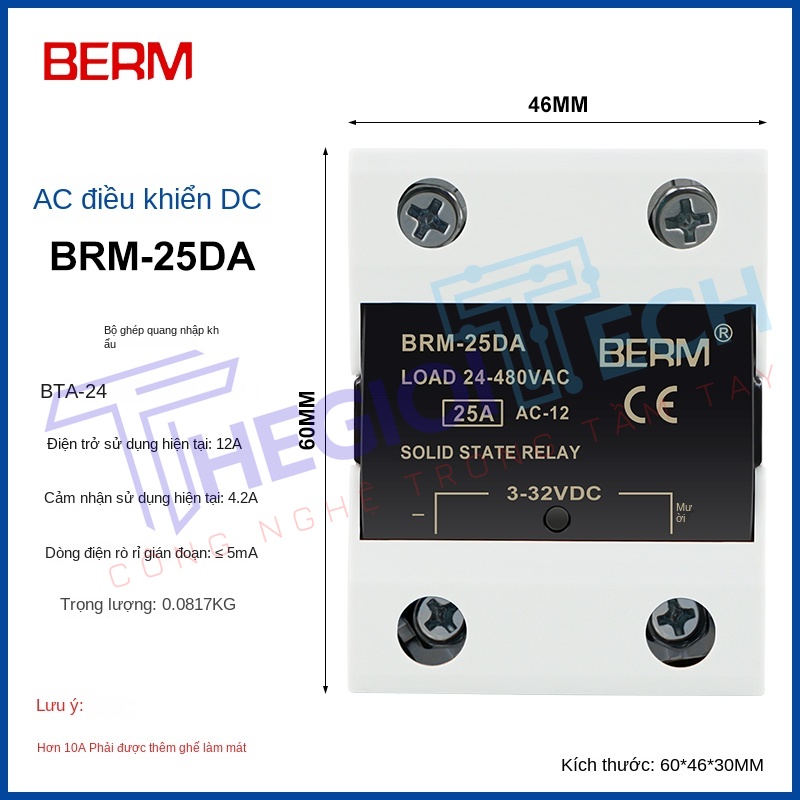 Rơ le bán dẫn (SSR) Belmei BRM-40DA, điều khiển DC, ngõ ra AC, đơn pha 40A (tương đương SSR-40DA D4840) - BRM-100VD 【Điều chỉnh điện áp kiểu điện áp】