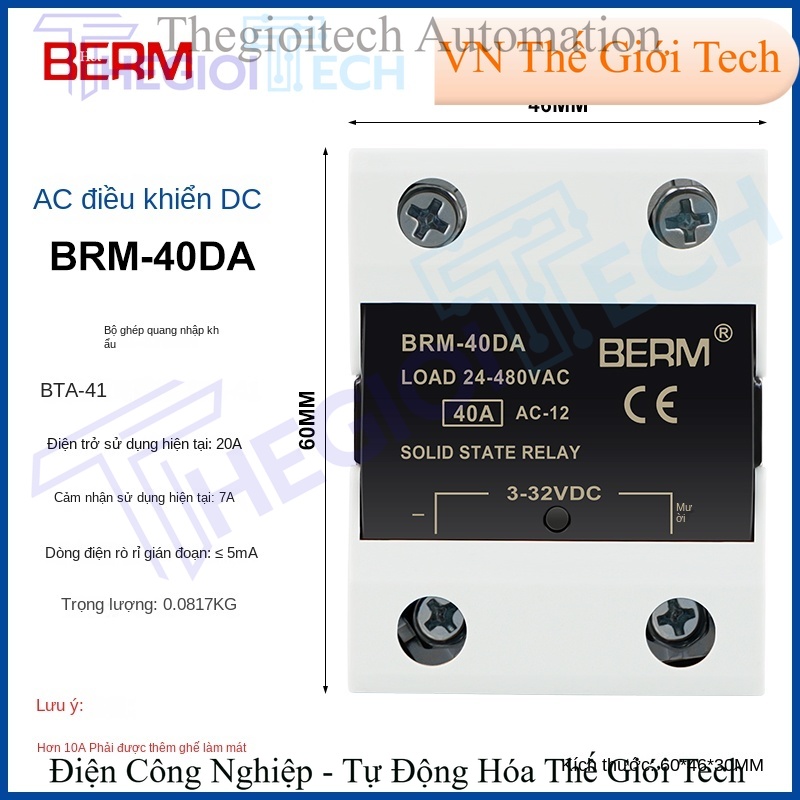 Rơ le bán dẫn (SSR) Belmei BRM-40DA, điều khiển DC, ngõ ra AC, đơn pha 40A (tương đương SSR-40DA D4840) - BRM-100VD 【Điều chỉnh điện áp kiểu điện áp】