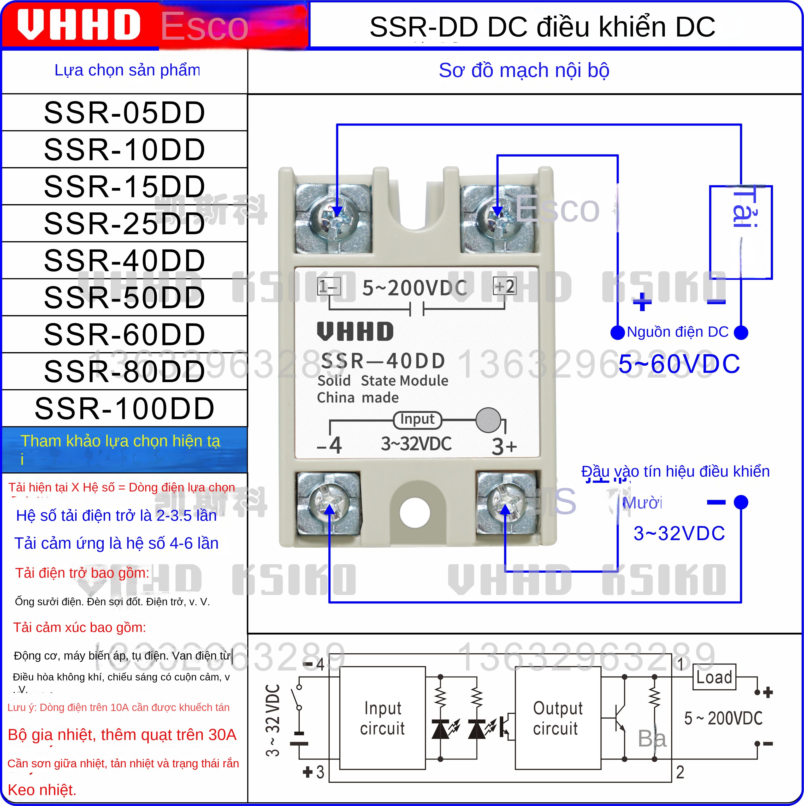 Rơ le bán dẫn chịu dòng lớn VHHD SSR-05/10/25/40/60/80, loại DA/AA/DD/VA, hàng chính hãng bán trực tiếp từ nhà máy - SSR-25DD 3-32VDC 25A