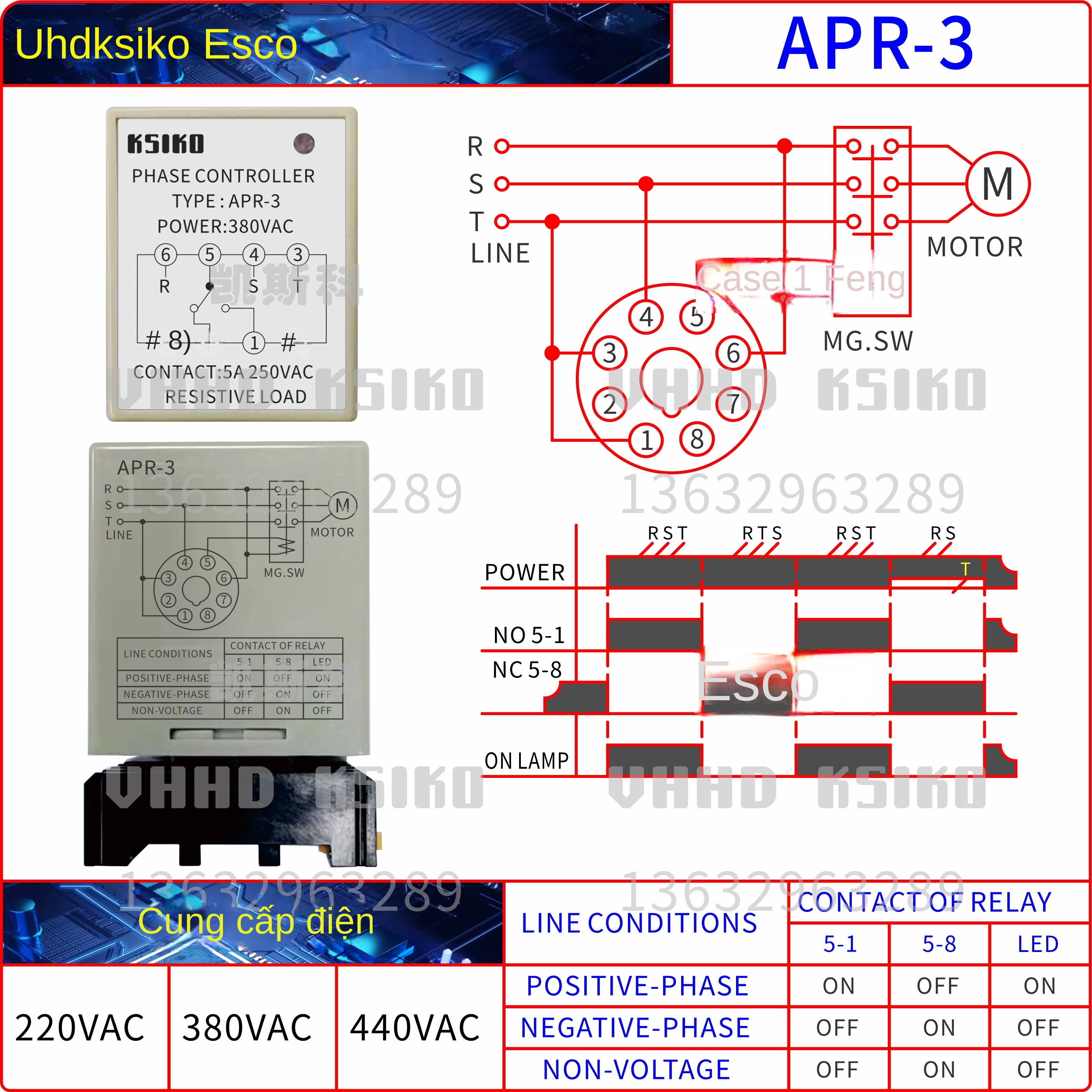 Rơ le bảo vệ thứ tự pha KSIKO APR-3 / APR-4 / PR-1, bảo hành 1 năm, hàng chính hãng bán trực tiếp từ nhà máy - APR-3 440VAC