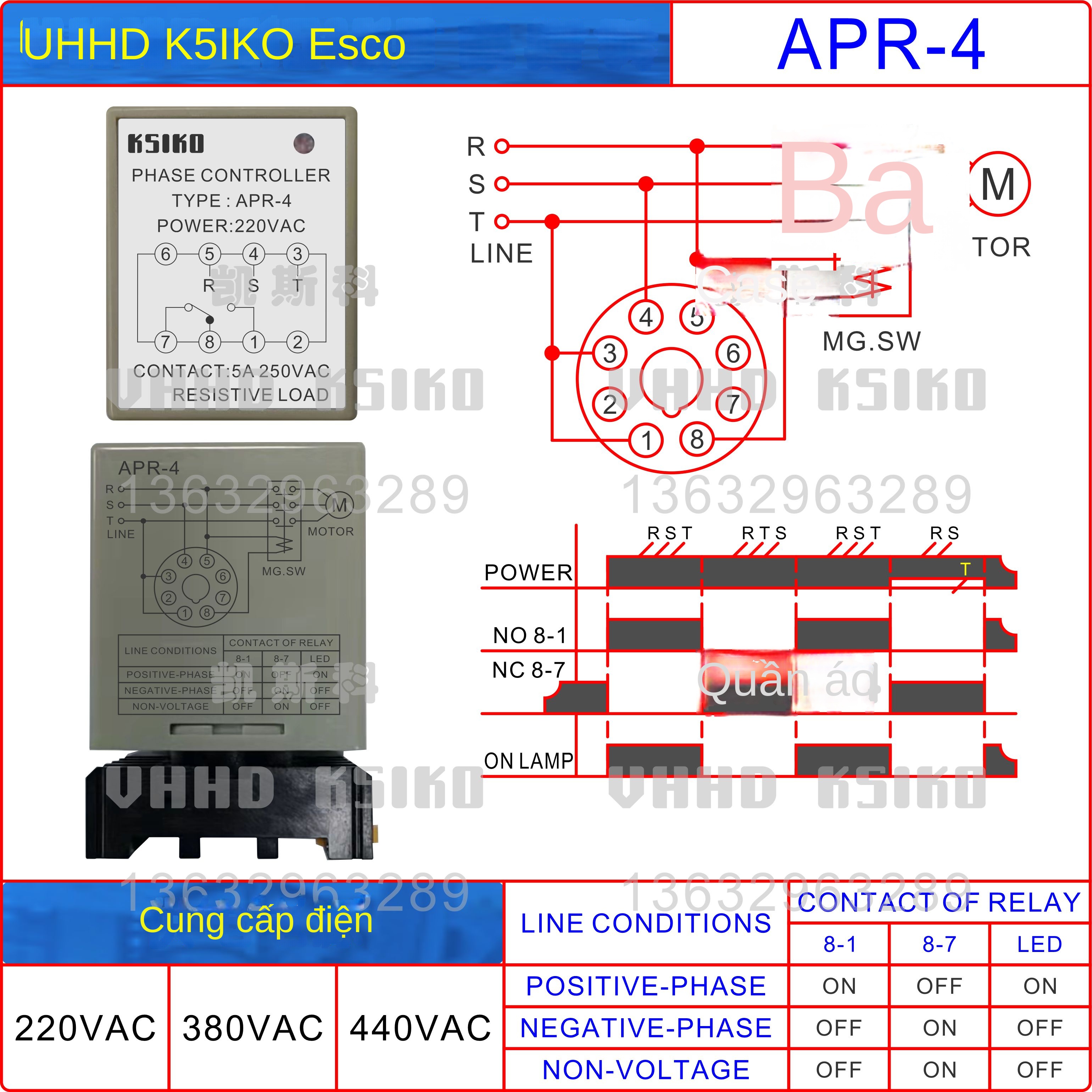 Rơ le bảo vệ thứ tự pha KSIKO APR-3 / APR-4 / PR-1, bảo hành 1 năm, hàng chính hãng bán trực tiếp từ nhà máy - APR-3 440VAC