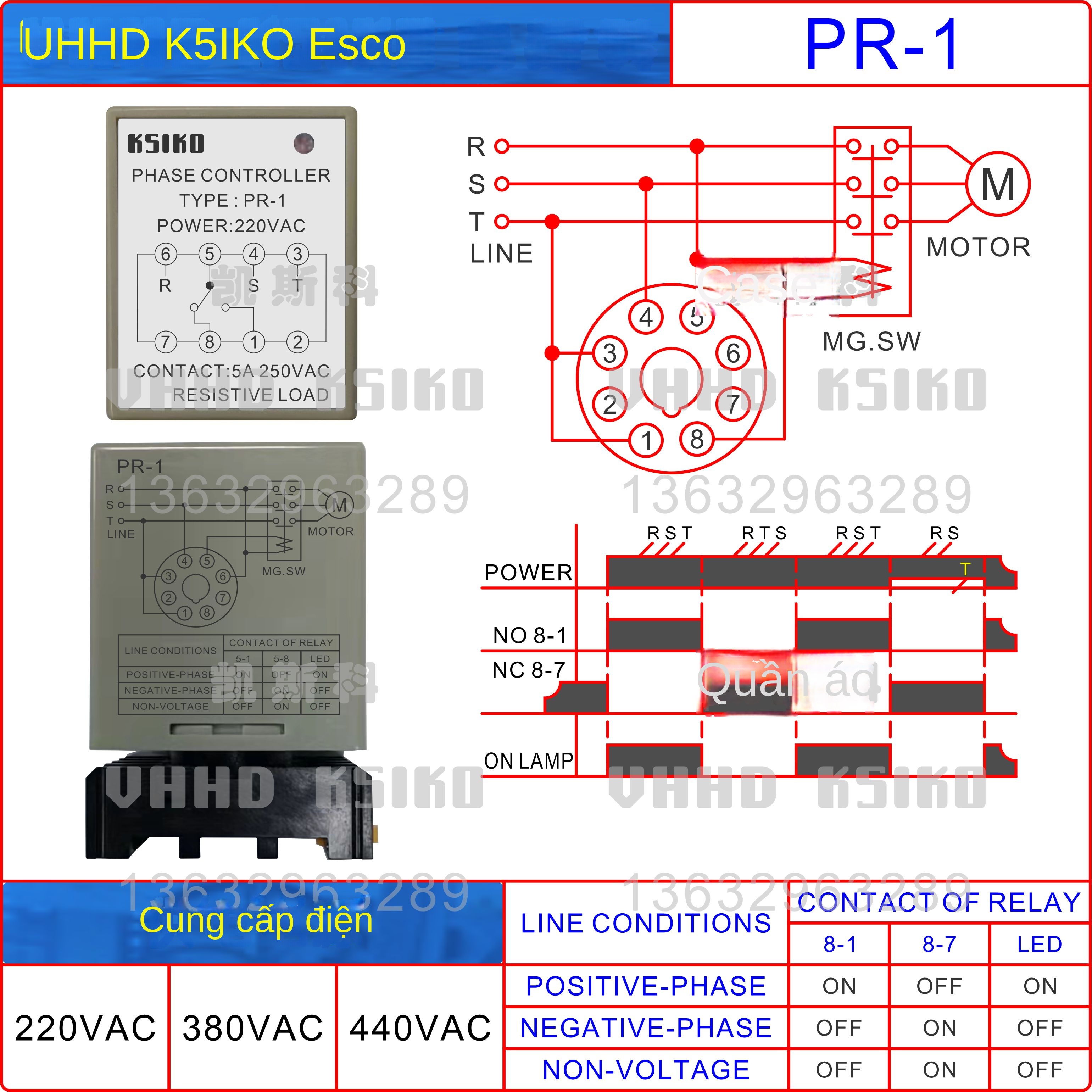 Rơ le bảo vệ thứ tự pha KSIKO APR-3 / APR-4 / PR-1, bảo hành 1 năm, hàng chính hãng bán trực tiếp từ nhà máy - APR-3 440VAC