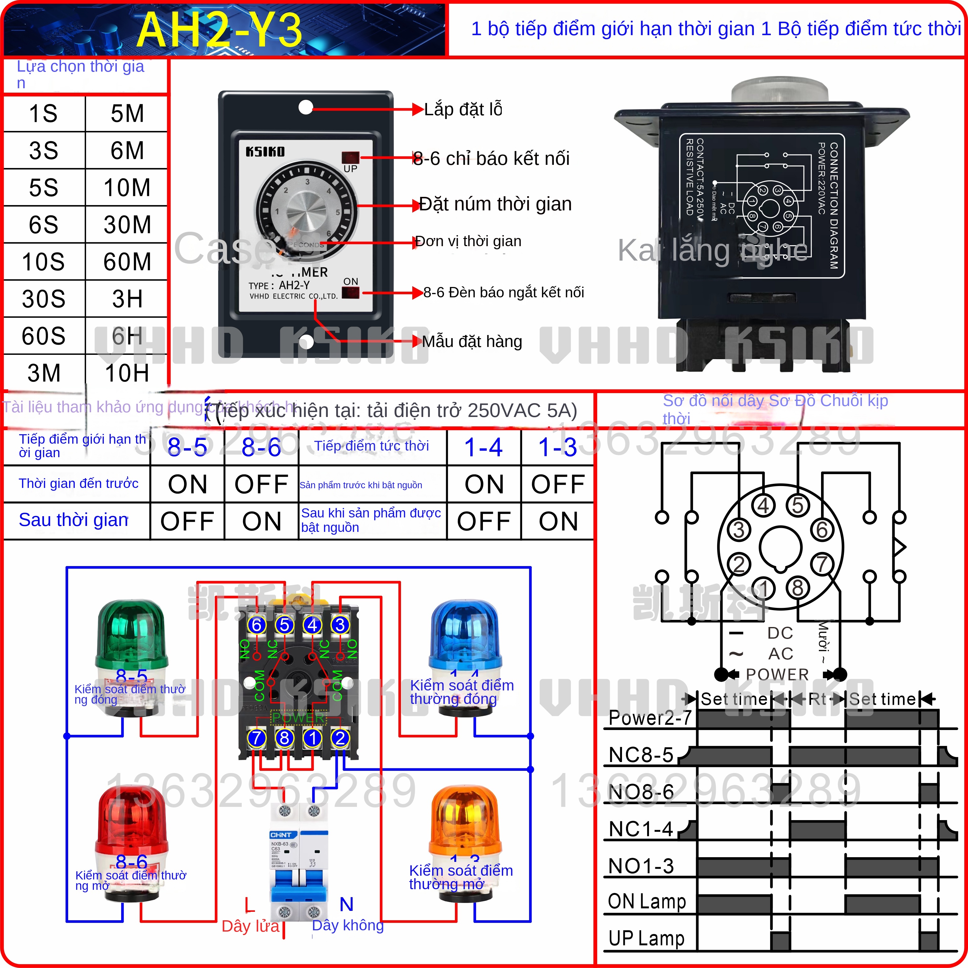 Rơ le thời gian KSIKO AH2-Y / Y1/Y2/Y3, giá hợp lý, bảo hành 1 năm, hàng chính hãng bán trực tiếp từ nhà máy