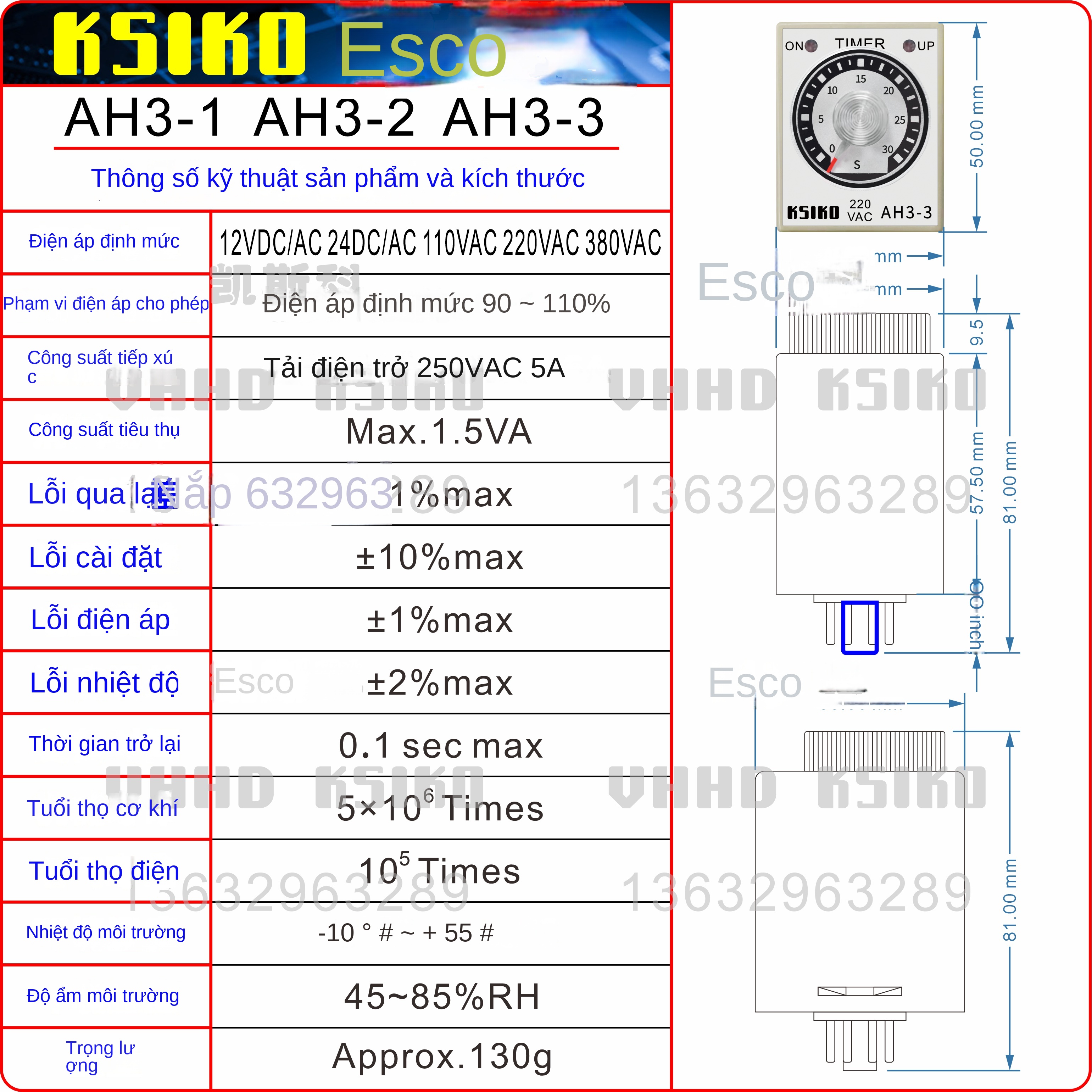 Rơ le thời gian KSIKO AH3-1 / AH3-2 / AH3-3 / CF3-2 / CF3-3 / AFK – Hàng chính hãng, giá tốt, bảo hành 1 năm