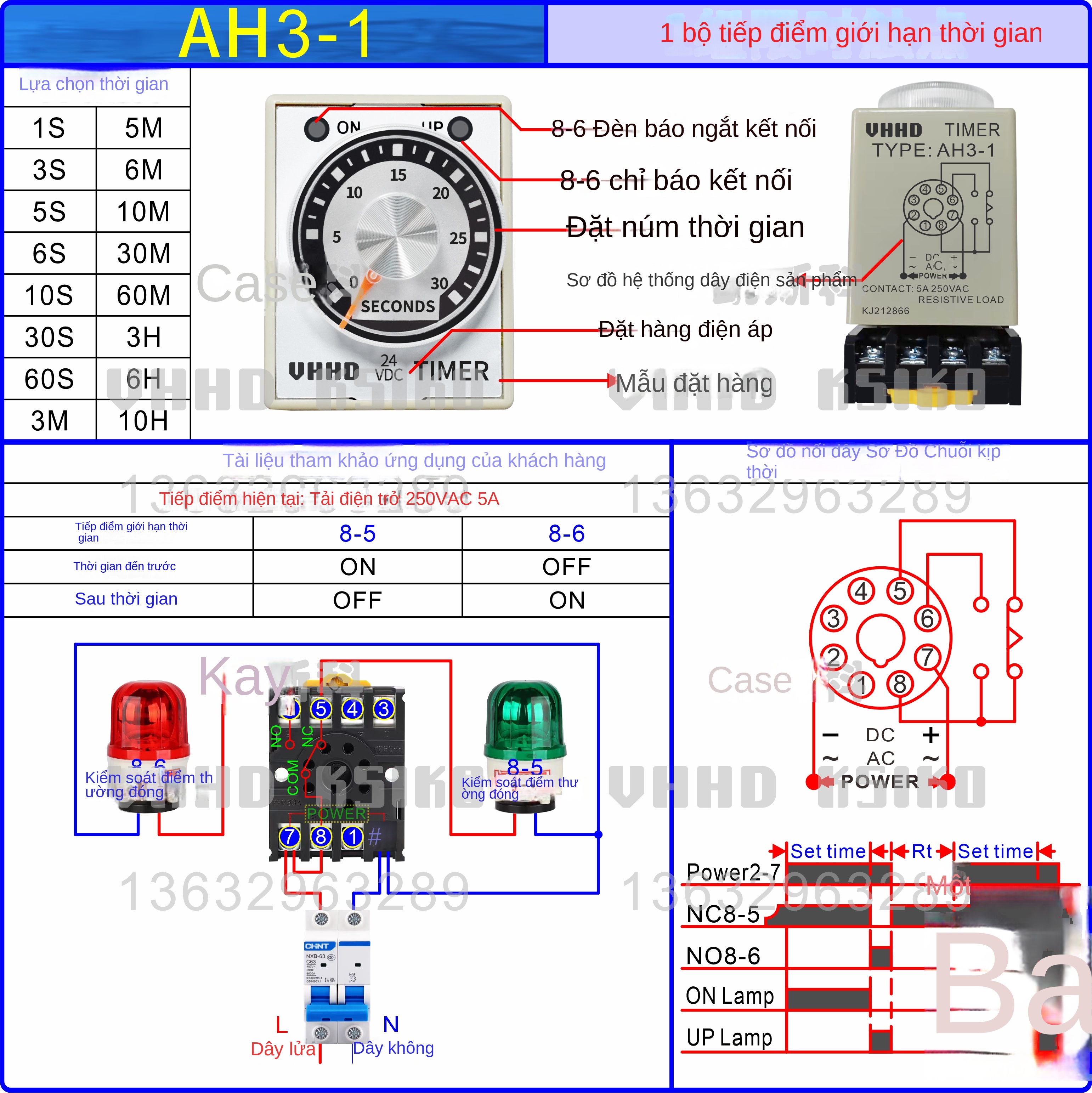 Rơ le thời gian VHHD AH3-1 / AH3-2 / AH3-3 / CF3-2 / CF3-3 / AFK – Hàng chính hãng, giá tốt, bảo hành 1 năm – AH3-3 220VAC 1 giây, 1 tiếp điểm định thời, 1 tiếp điểm tức thời