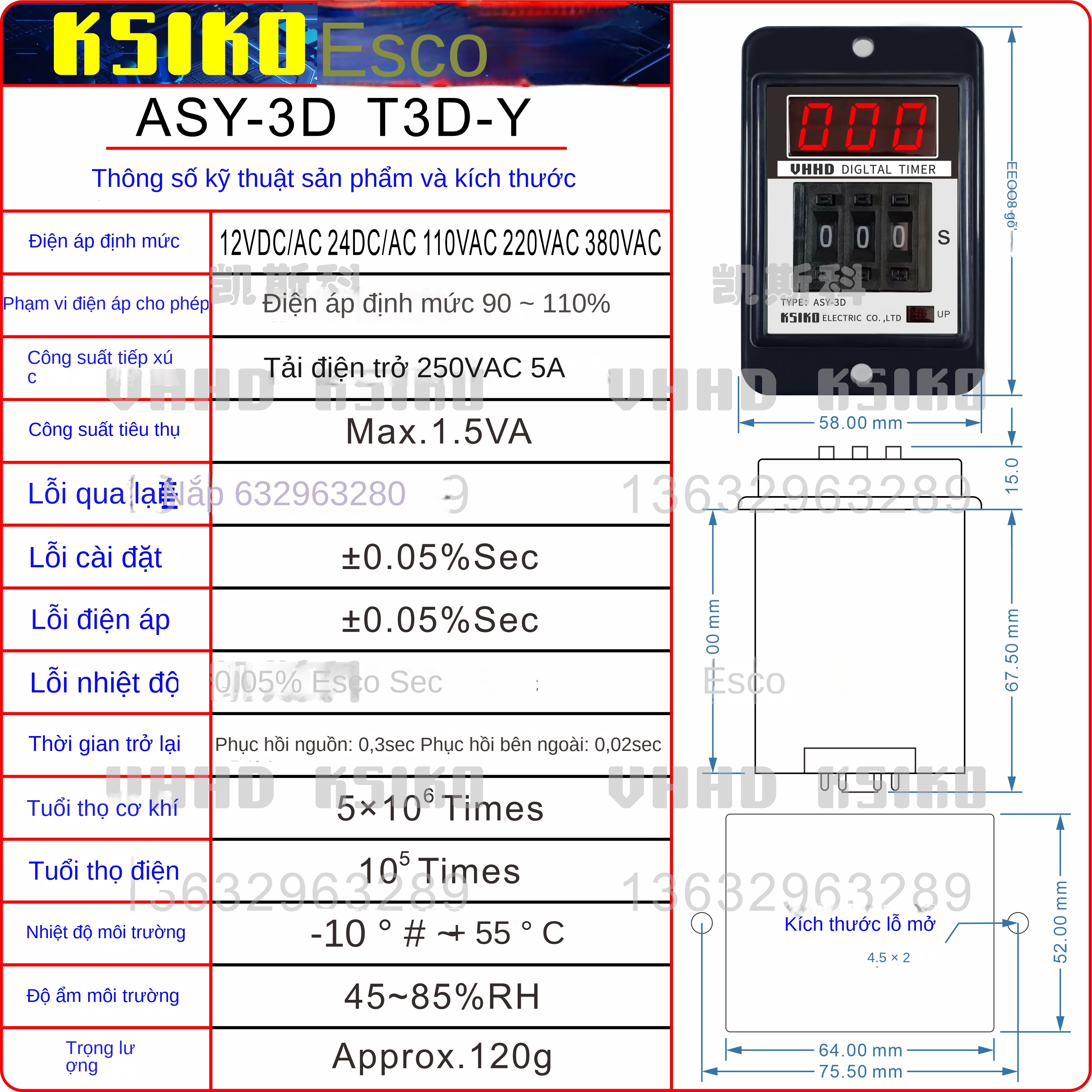 Rơ le thời gian hiển thị số KSIKO ASY-2D / 3D / 3DX / T2D / T3D-Y / YX – Bảo hành 1 năm, hàng chính hãng - ASY-3D 24VDC/AC, thời gian 999 giờ, công tắc A/B: A có 2 định thời, B có 1 định thời + 1 tức thời