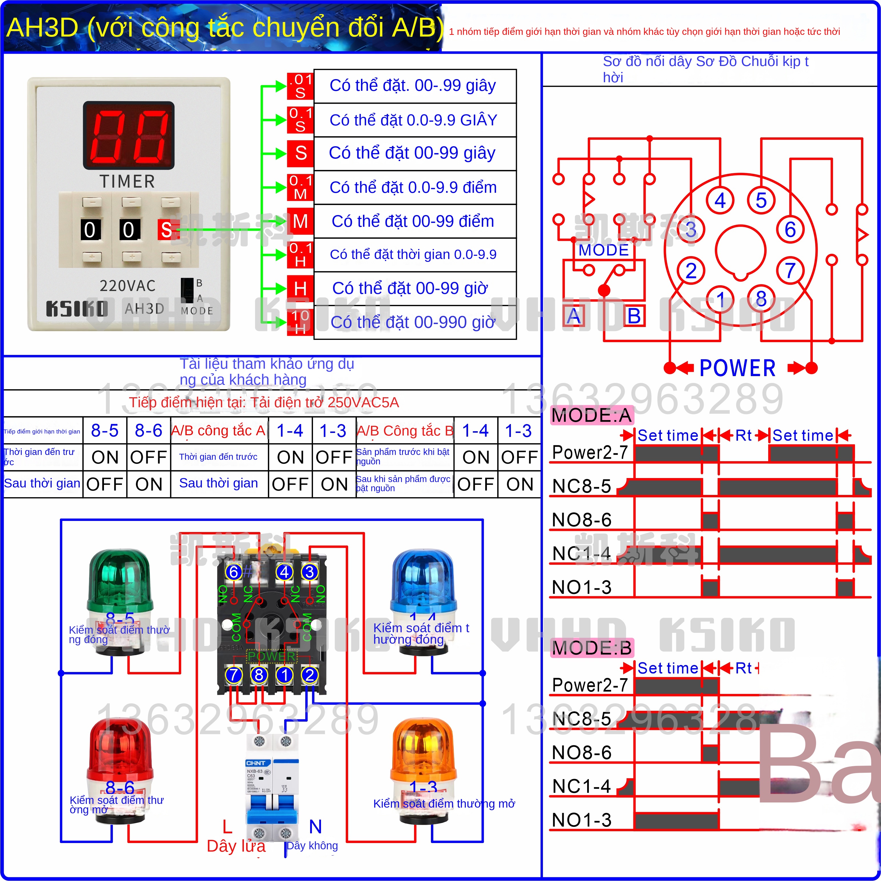 Rơ le thời gian kỹ thuật số KSIKO AH3D – Có công tắc chuyển A/B, sử dụng chip công nghiệp, hàng chính hãng – AH3D 380VDC/AC, công tắc A/B: A có 2 định thời, B có 1 định thời + 1 tức thời