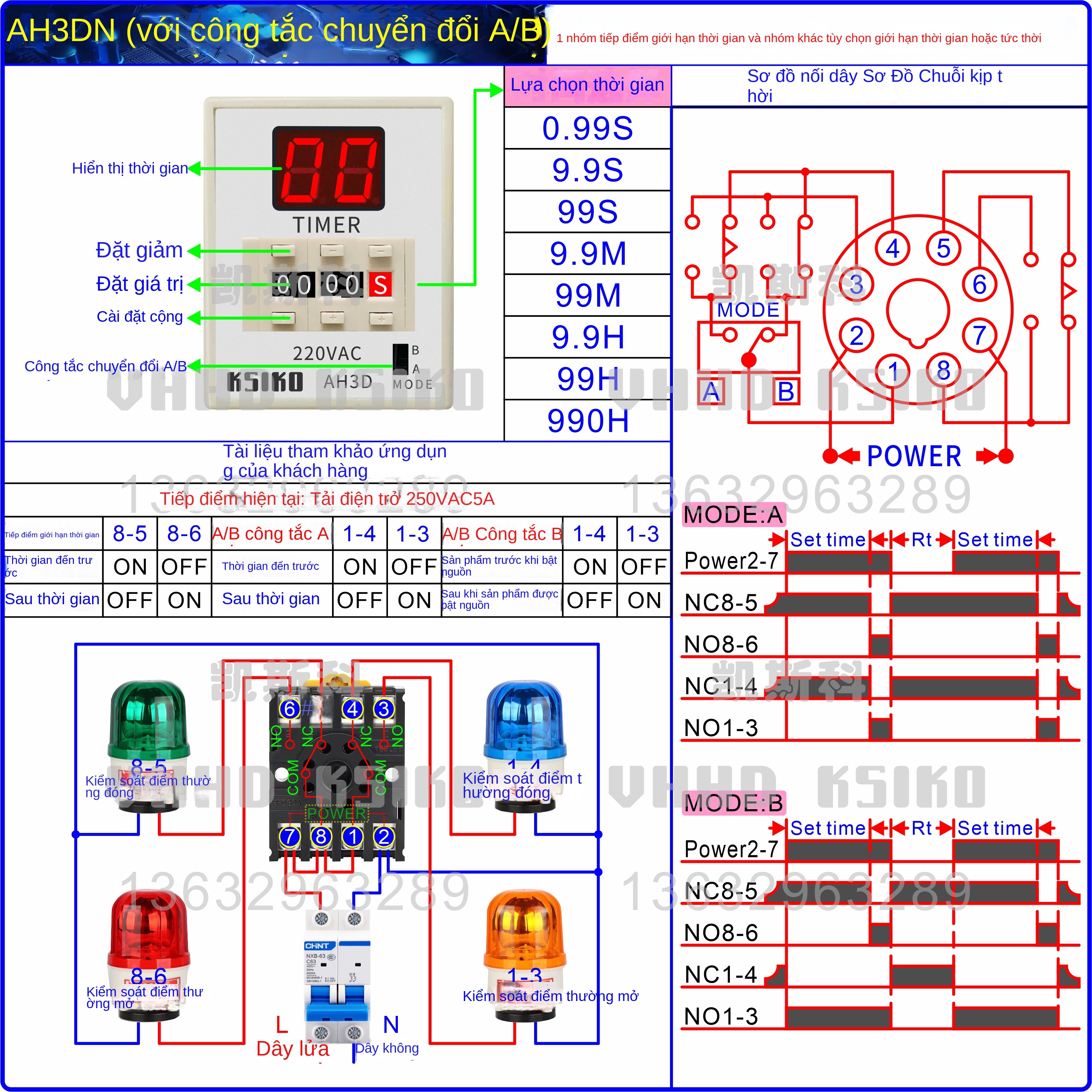 Rơ le thời gian kỹ thuật số KSIKO AH3D – Có công tắc chuyển A/B, sử dụng chip công nghiệp, hàng chính hãng – AH3DN 24VDC/AC 99s, công tắc A/B: A có 2 định thời, B có 1 định thời + 1 tức thời