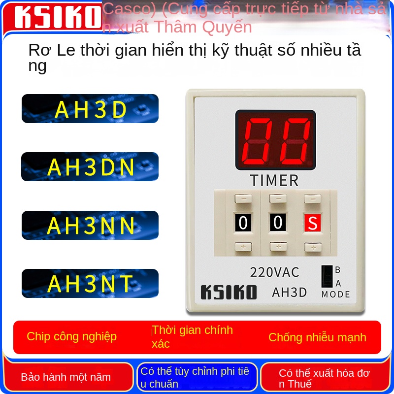 Rơ le thời gian kỹ thuật số KSIKO AH3D – Có công tắc chuyển A/B, sử dụng chip công nghiệp, hàng chính hãng – AH3NT 380VDC/AC, công tắc A/B: A có 2 định thời, B có 1 định thời + 1 tức thời