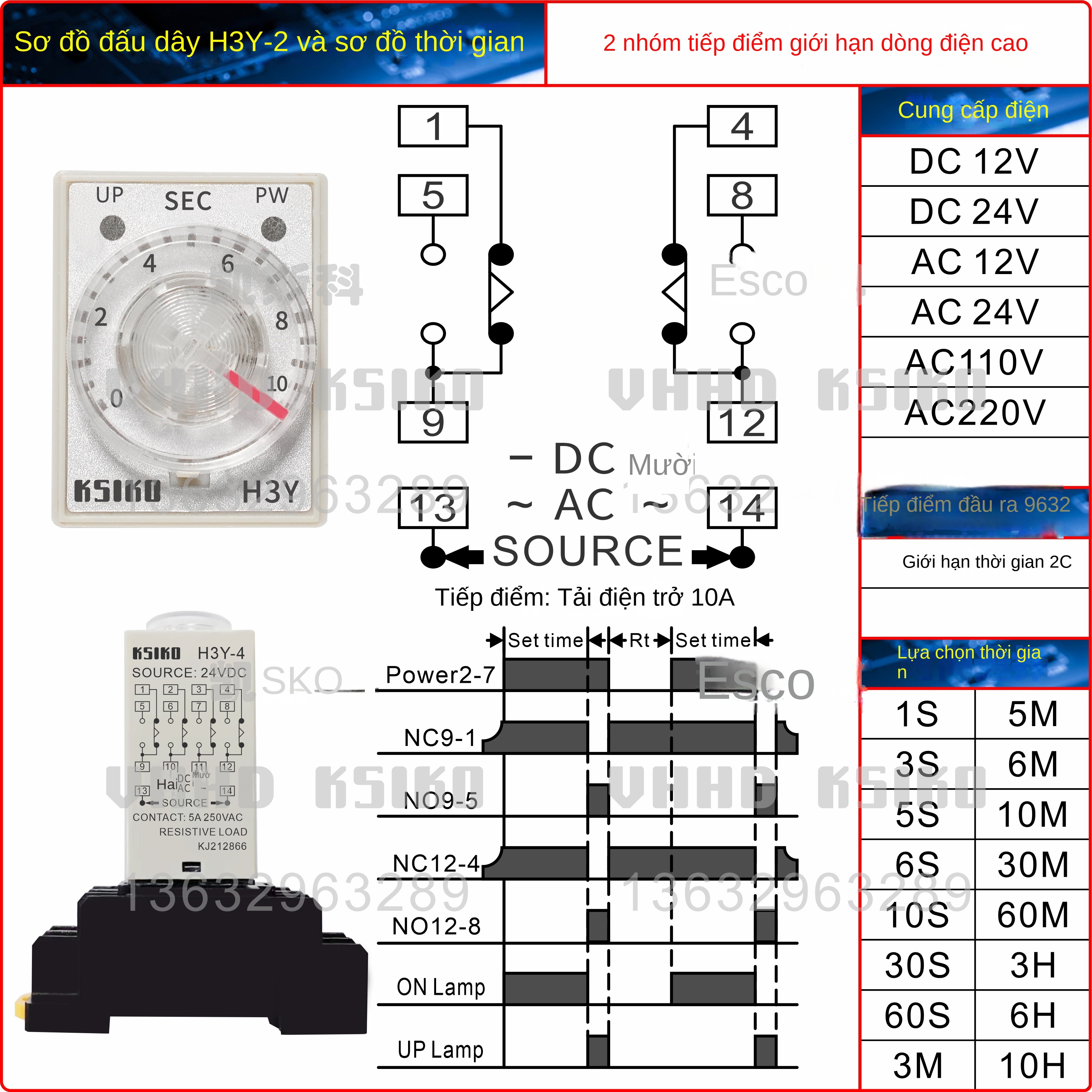 Rơ le thời gian mini KSIKO H3Y-2 / H3Y-4 / H3Y-2L – Chip công nghiệp, bảo hành 1 năm, hàng chính hãng - H3Y-4 24VDC/AC 3M