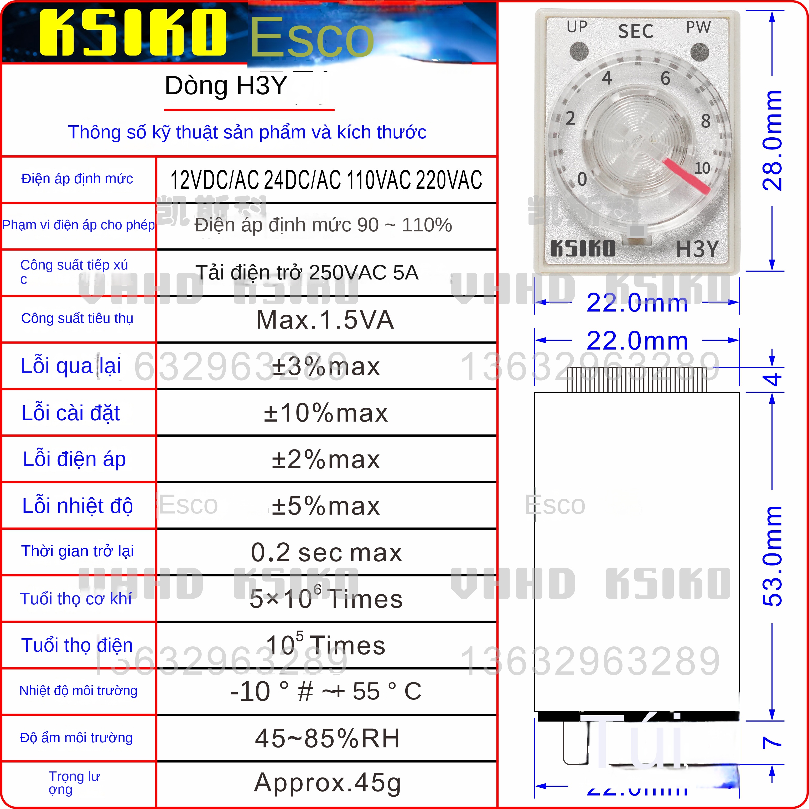 Rơ le thời gian mini KSIKO H3Y-2 / H3Y-4 / H3Y-2L – Chip công nghiệp, bảo hành 1 năm, hàng chính hãng - H3Y-4 24VDC/AC 6S