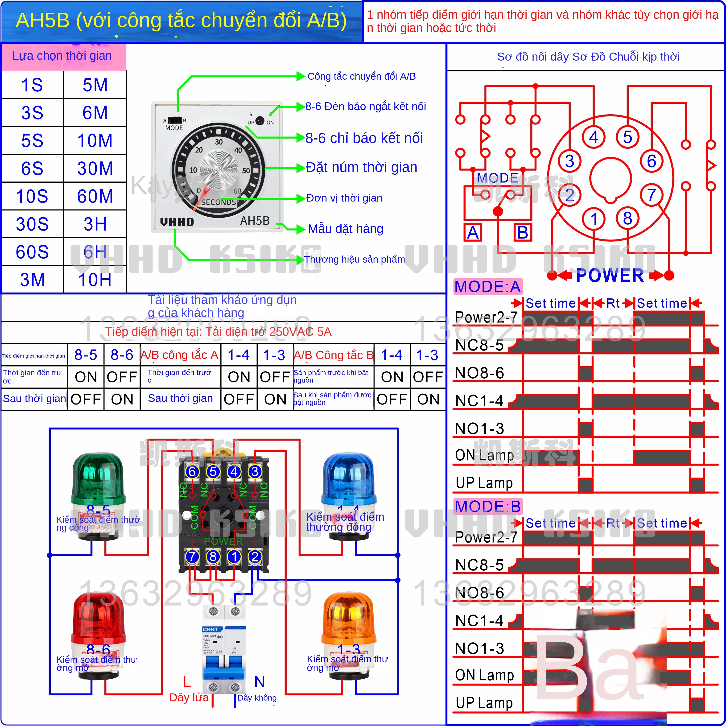 Rơ le thời gian xoay chỉnh VHHD AH5B – Dùng chip nhập khẩu, bảo hành 1 năm, hàng chính hãng - AH5B 24VDC/AC 10H, công tắc A/B: A có 2 định thời, B có 1 định thời + 1 tức thời