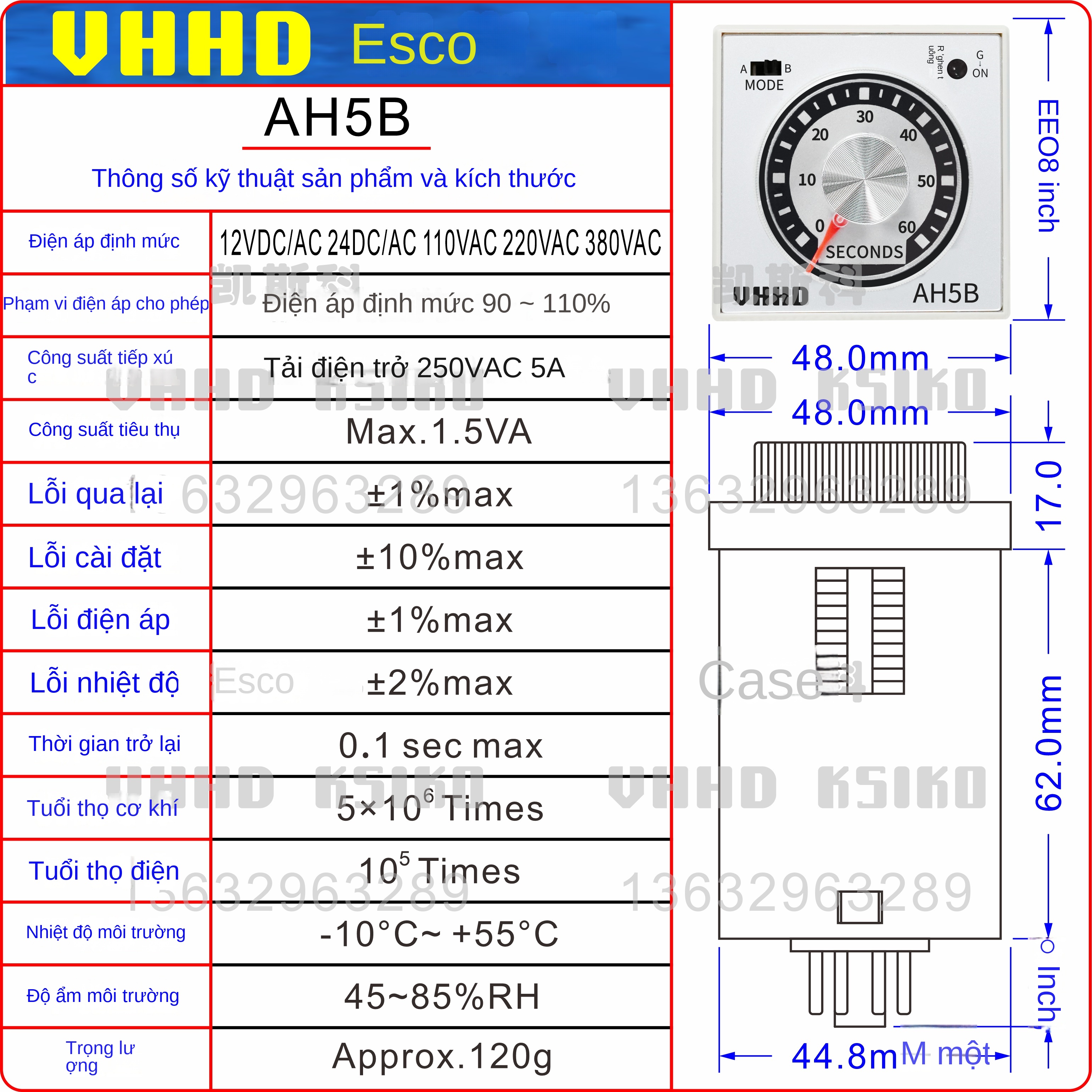 Rơ le thời gian xoay chỉnh VHHD AH5B – Dùng chip nhập khẩu, bảo hành 1 năm, hàng chính hãng - AH5B 24VDC/AC 10H, công tắc A/B: A có 2 định thời, B có 1 định thời + 1 tức thời