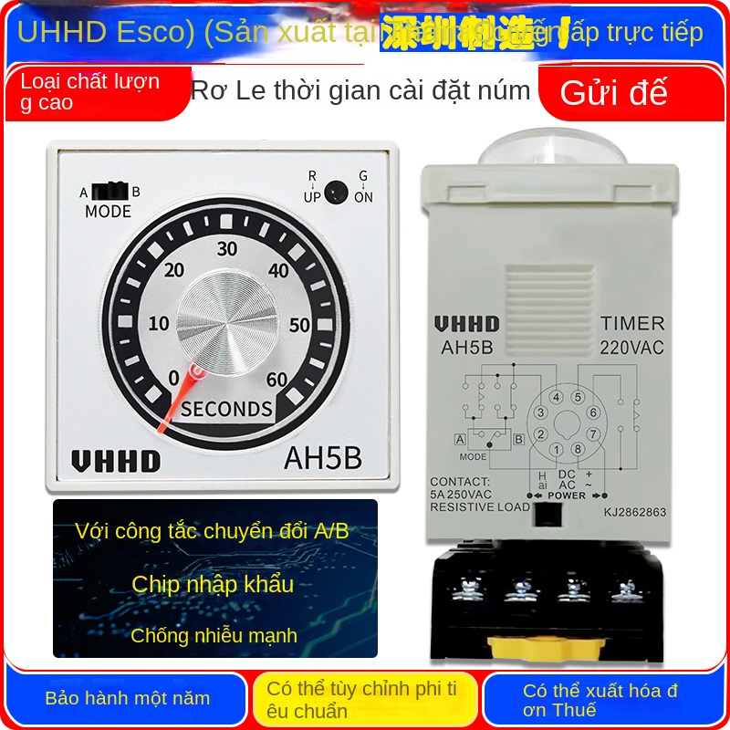 Rơ le thời gian xoay chỉnh VHHD AH5B – Dùng chip nhập khẩu, bảo hành 1 năm, hàng chính hãng - AH5B 24VDC/AC 10H, công tắc A/B: A có 2 định thời, B có 1 định thời + 1 tức thời