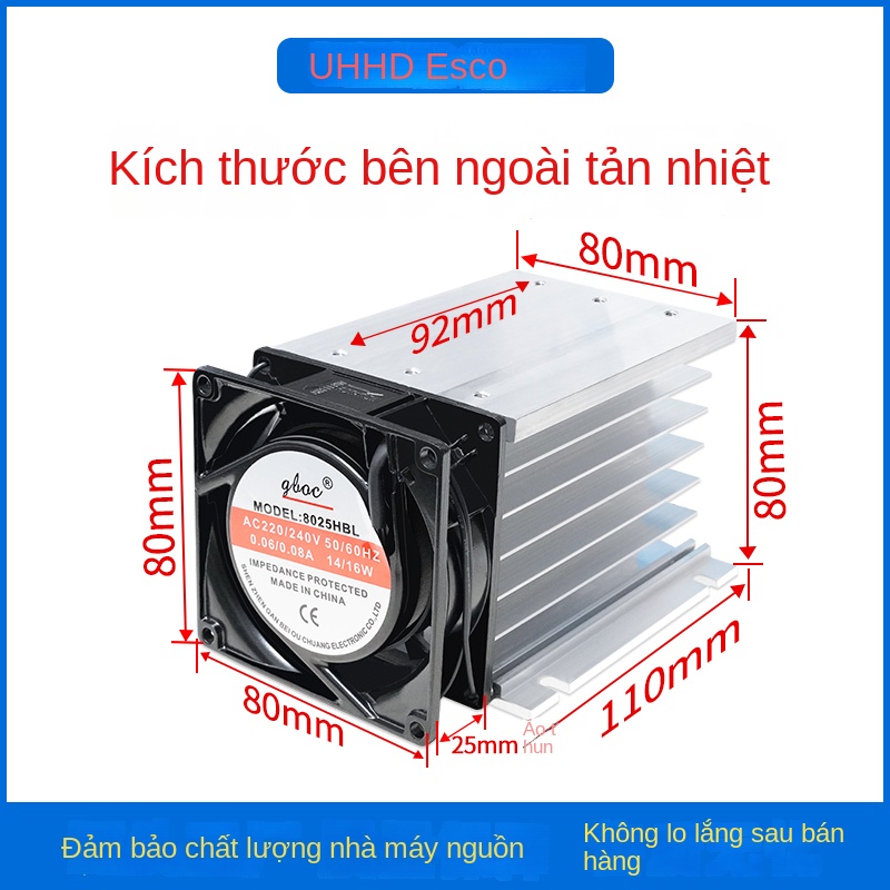 Tản nhiệt cho rơ le bán dẫn 3 pha, kèm quạt 220V, thanh tản nhiệt dài 110mm - Tản nhiệt trắng