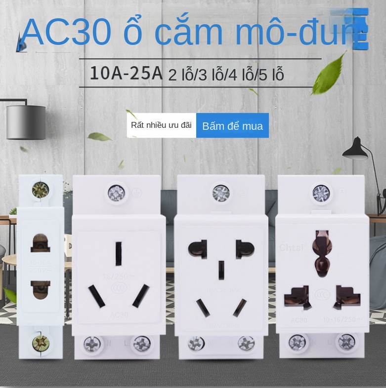 Tủ điện ray DIN AC30 – ổ cắm 2–5 lỗ, 10A/16A, chuẩn EU - 4 lỗ 16A