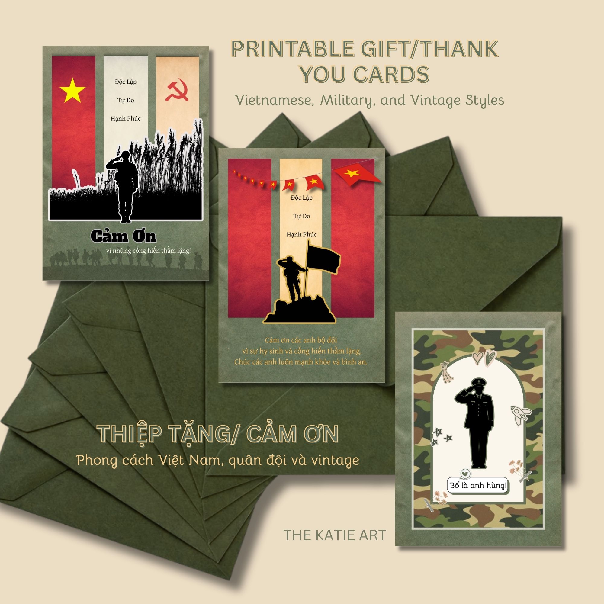 Thiệp Cảm Ơn, Thiệp Quà Tặng Phong Cách Vintage , Army- Mã 260423-Card-01