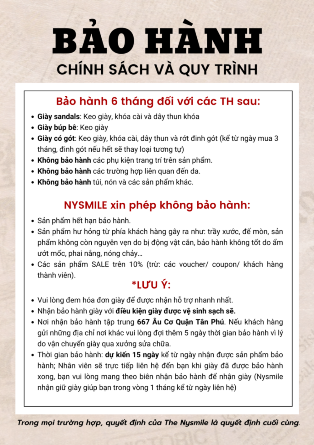 CHÍNH SÁCH BẢO HÀNH