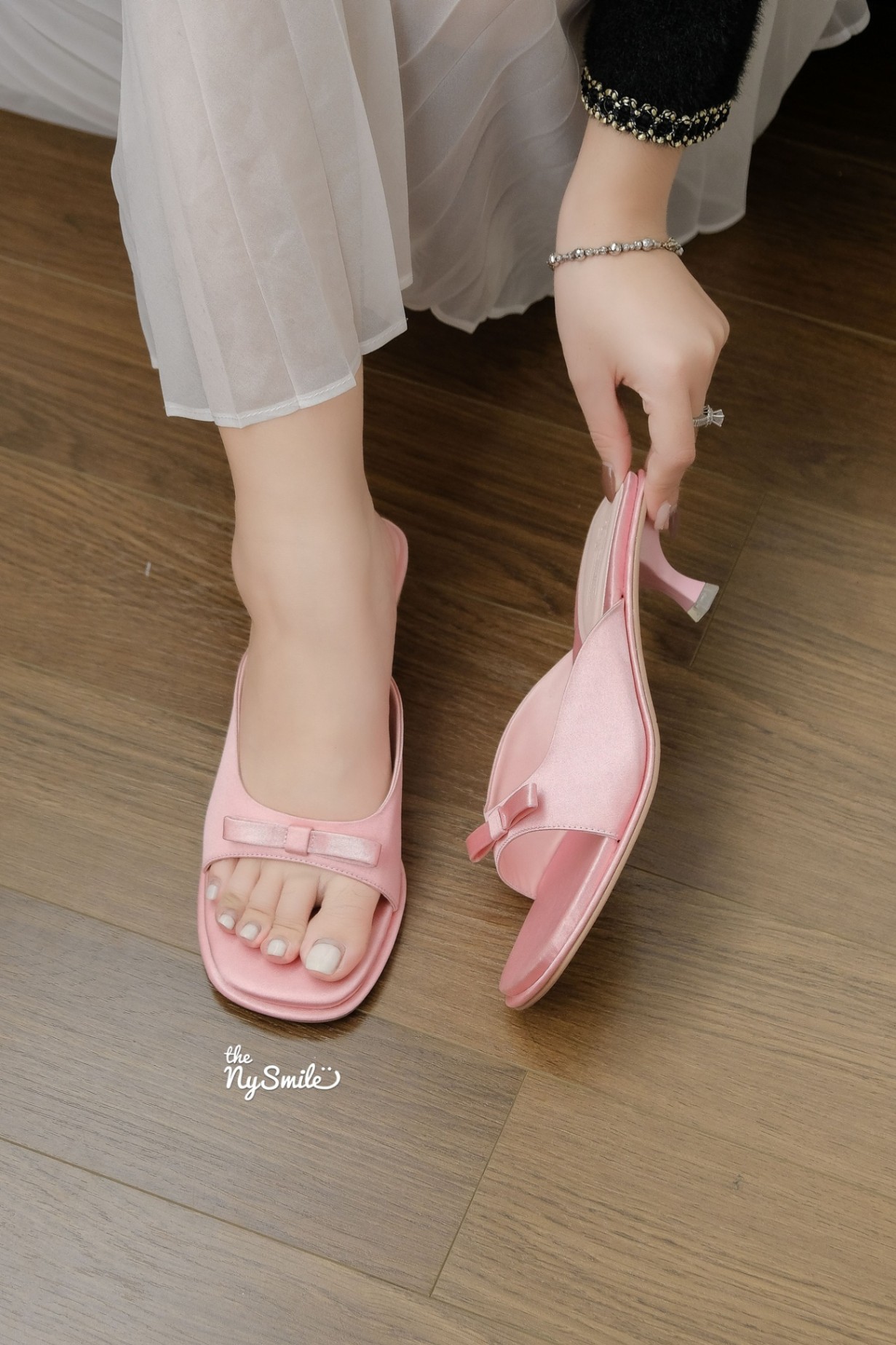 Guốc Lê 4cm đính nơ gót nhọn KOKI