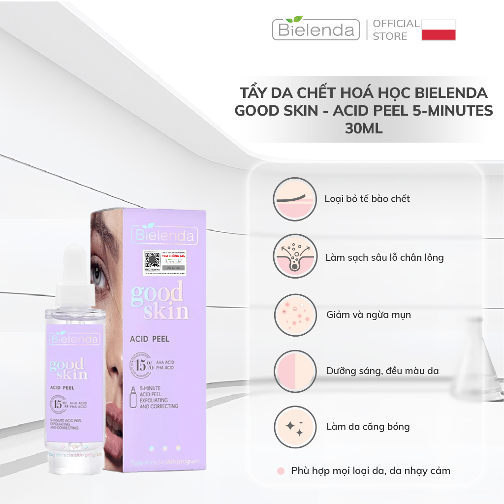 Tẩy da chết hoá học Bielenda Good Skin - Acid Peel 5-Minutes giảm mụn, mờ thâm, làm da căng bóng 30ml