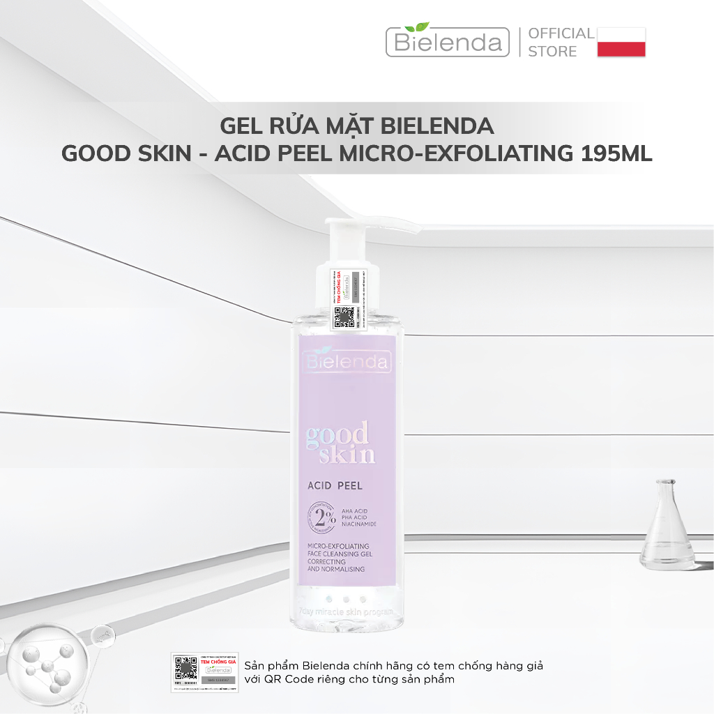 Gel rửa mặt Bielenda Good Skin - Acid Peel Micro-Exfoliating làm sạch sâu, ngừa mụn, mờ thâm 195ml