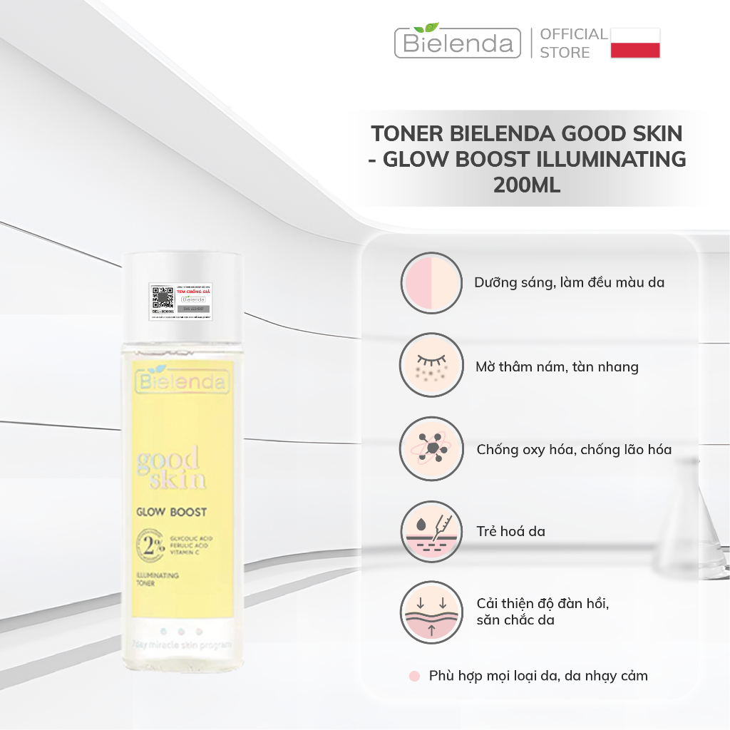 Toner Bielenda Good Skin - Glow Boost Illuminating dưỡng trắng, làm mờ thâm nám, tàn nhang 200ml