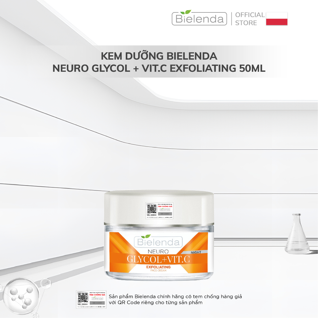 Kem dưỡng Bielenda Neuro Glycol + Vit.C Exfoliating dưỡng trắng và trẻ hoá da ban đêm 50ml