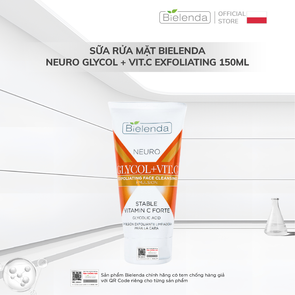 Sữa rửa mặt Bielenda Neuro Glycol + Vit.C Exfoliating làm sạch sâu, hỗ trợ loại bỏ tế bào chết và dưỡng sáng da 150ml