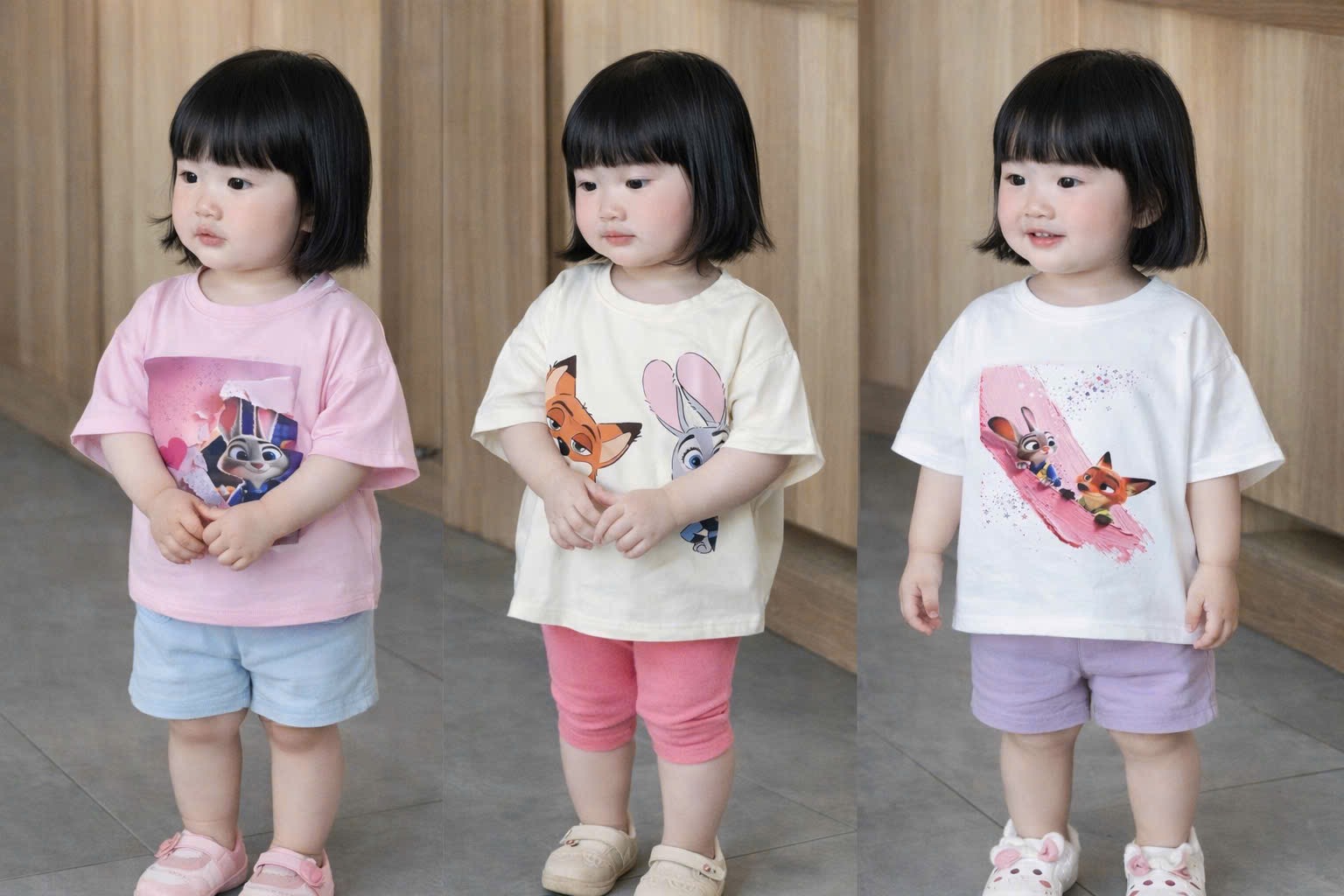 AB899 - SET 3 ÁO BÉ GÁI CỘC TAY THỎ VÀ CÁO hồng be trắng