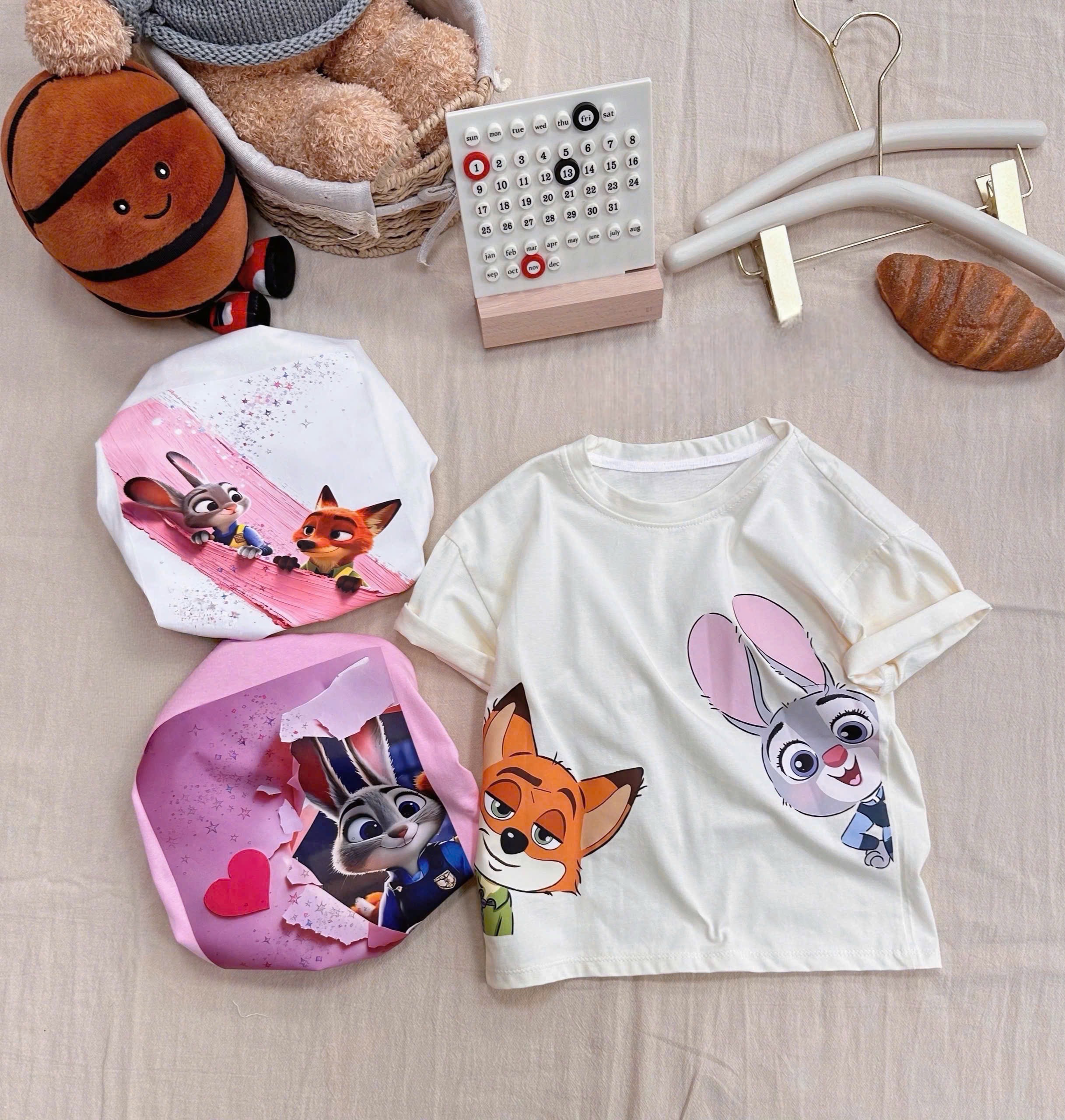 AB899 - SET 3 ÁO BÉ GÁI CỘC TAY THỎ VÀ CÁO hồng be trắng