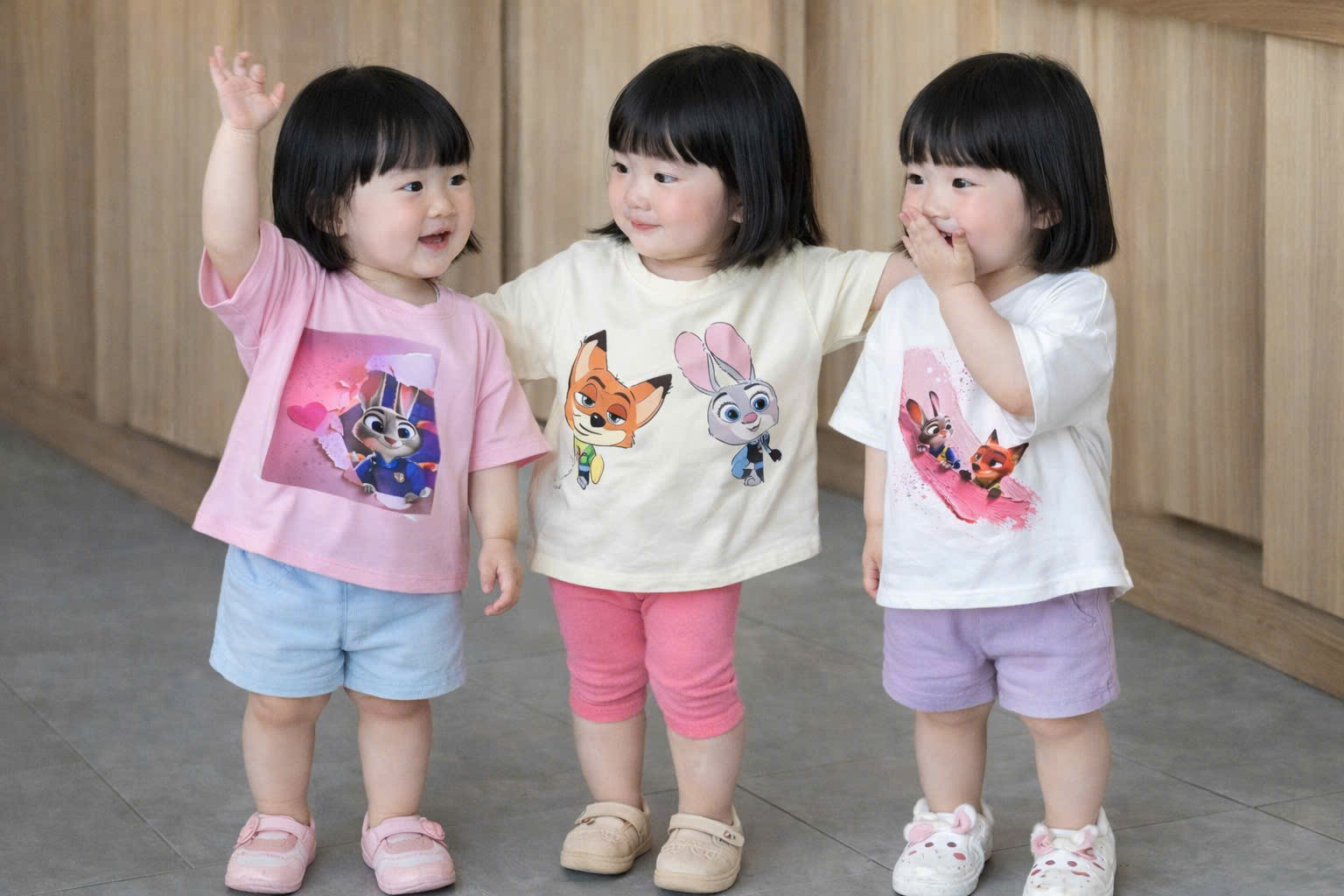 AB899 - SET 3 ÁO BÉ GÁI CỘC TAY THỎ VÀ CÁO hồng be trắng
