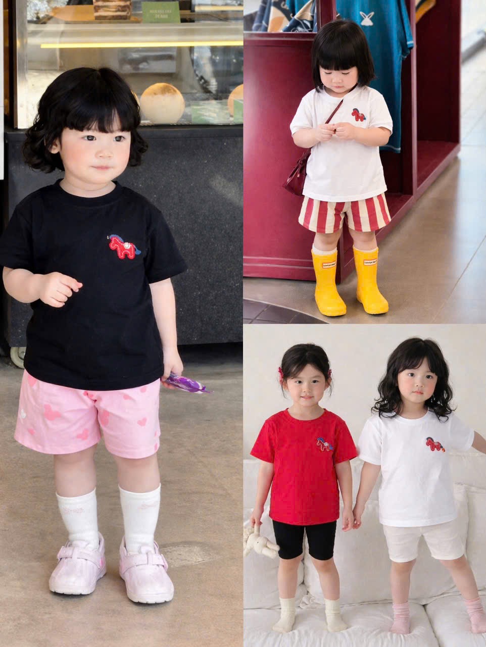 AB907 - SET 3 ÁO BÉ CỘC THÊU NGỰA đen đỏ trắng