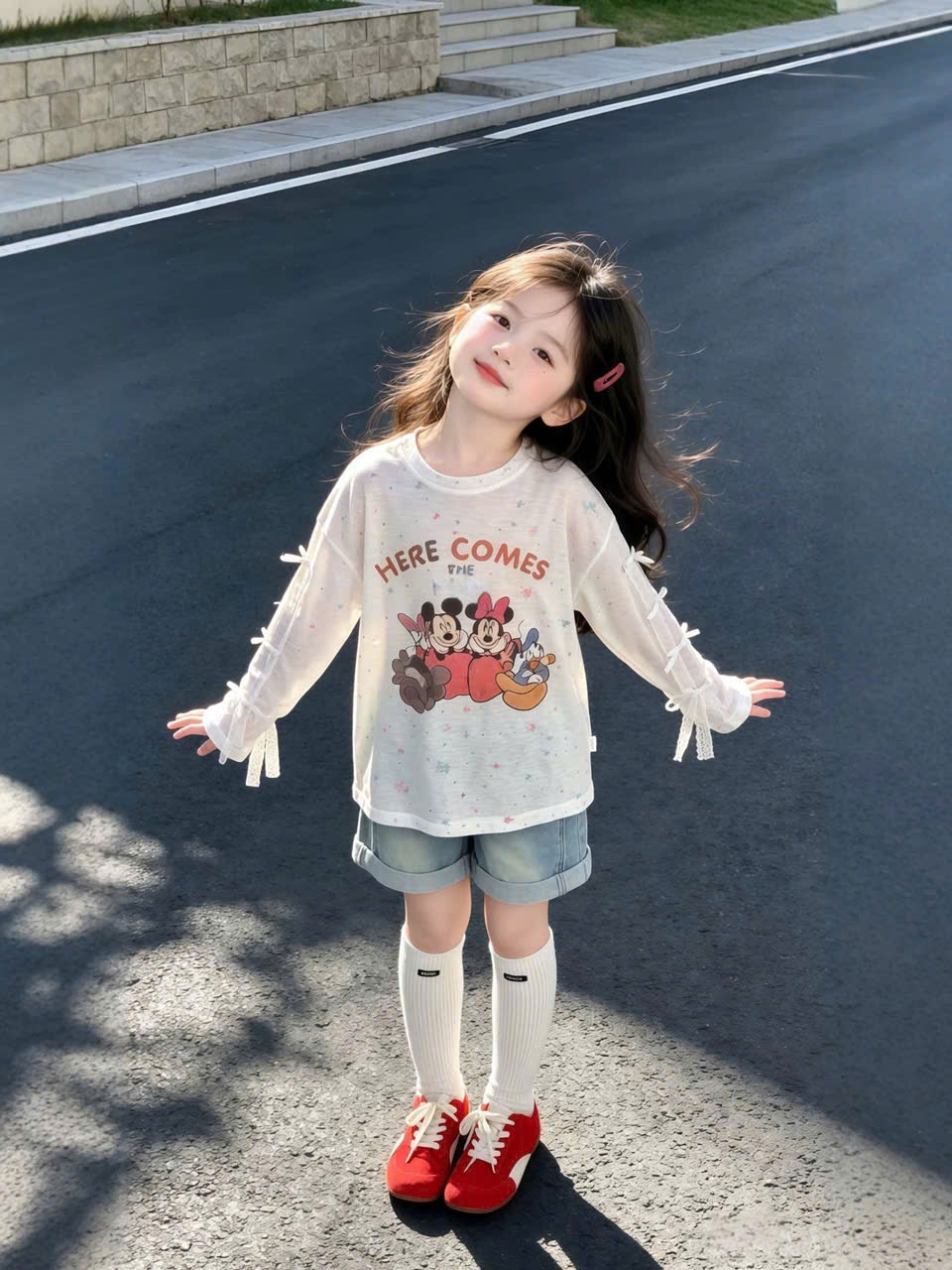 (CHỜ) AB942 - ÁO BÉ GÁI DÀI TRẮNG SAO MICKEY TAY REN NƠ