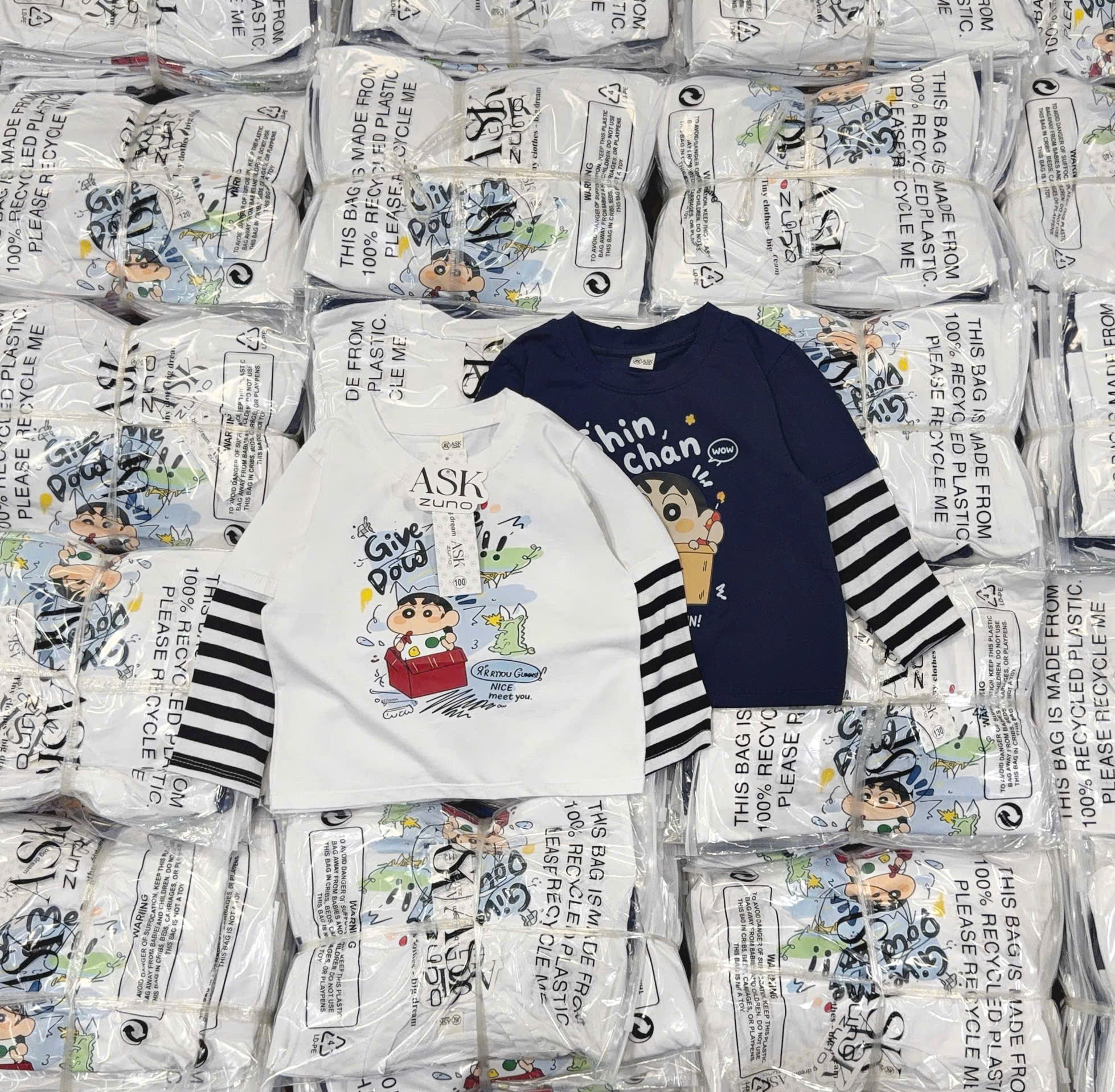 (CHỜ) AB948 - SET 2 ÁO BÉ TRAI DÀI PHỐI TAY KẺ Give me đen trắng