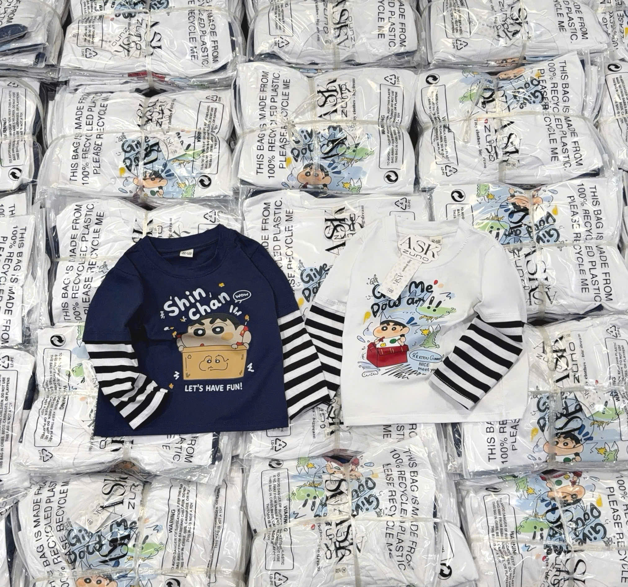 (CHỜ) AB948 - SET 2 ÁO BÉ TRAI DÀI PHỐI TAY KẺ Give me đen trắng