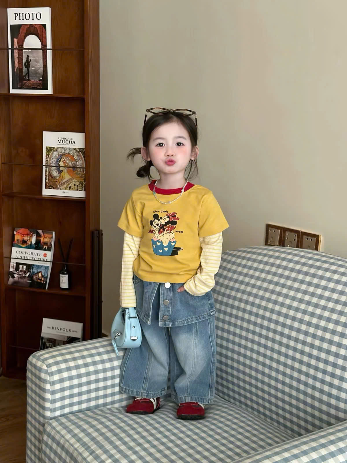 AB951 - SET 3 ÁO BÉ TRAI DÀI MICKEY PHỐI TAY than vàng kẻ